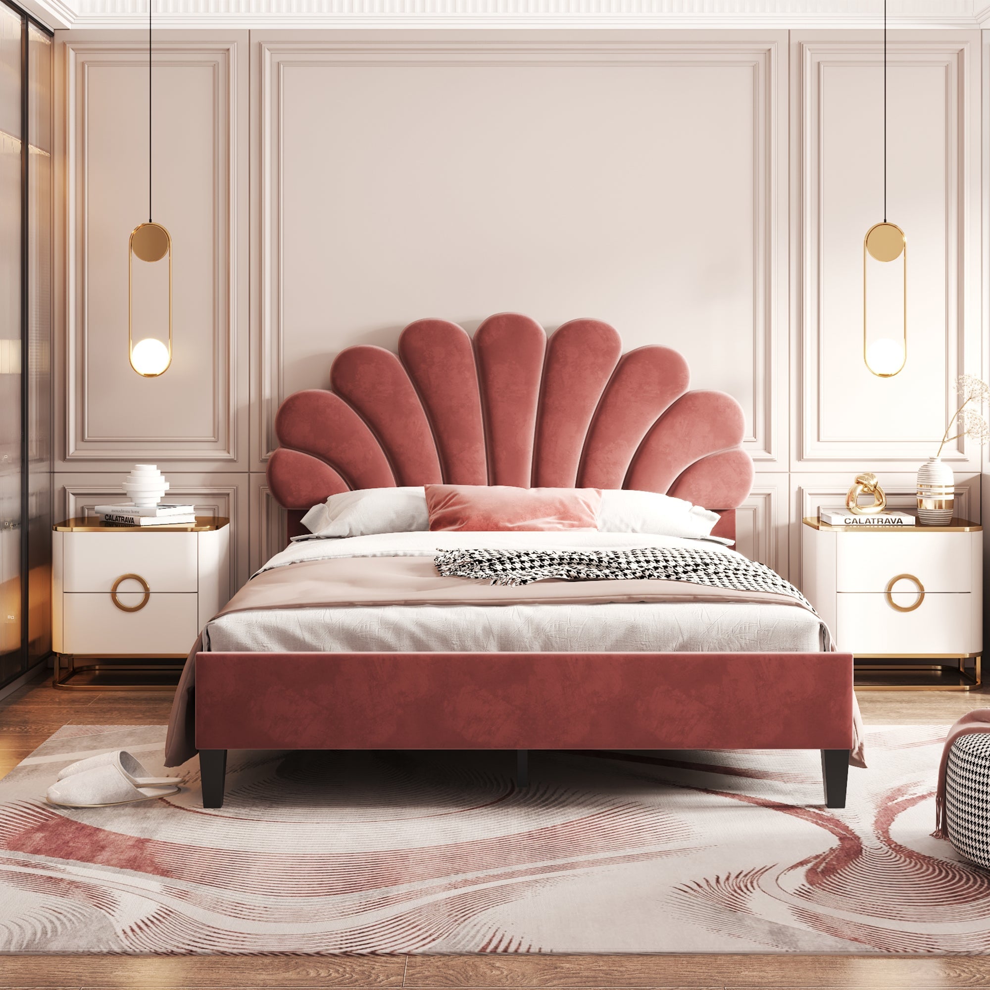 Flower Pattern Velvet Upholstered Bed