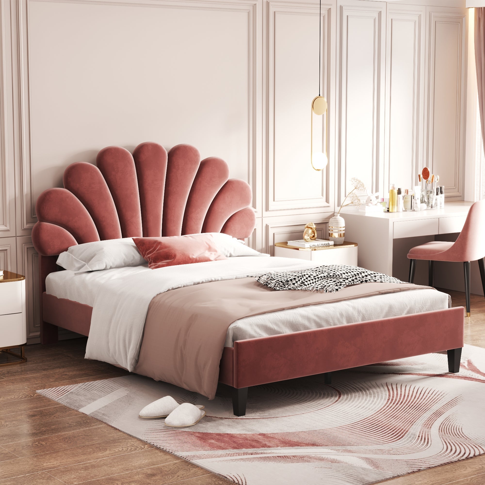 Flower Pattern Velvet Upholstered Bed