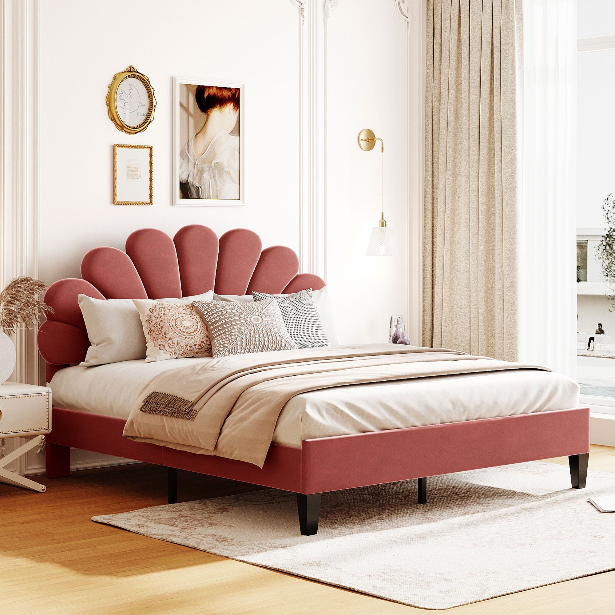Flower Pattern Velvet Upholstered Bed