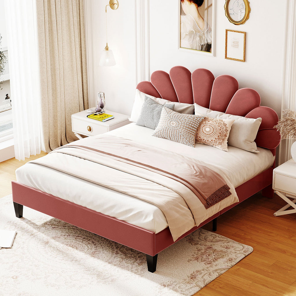 Flower Pattern Velvet Upholstered Bed
