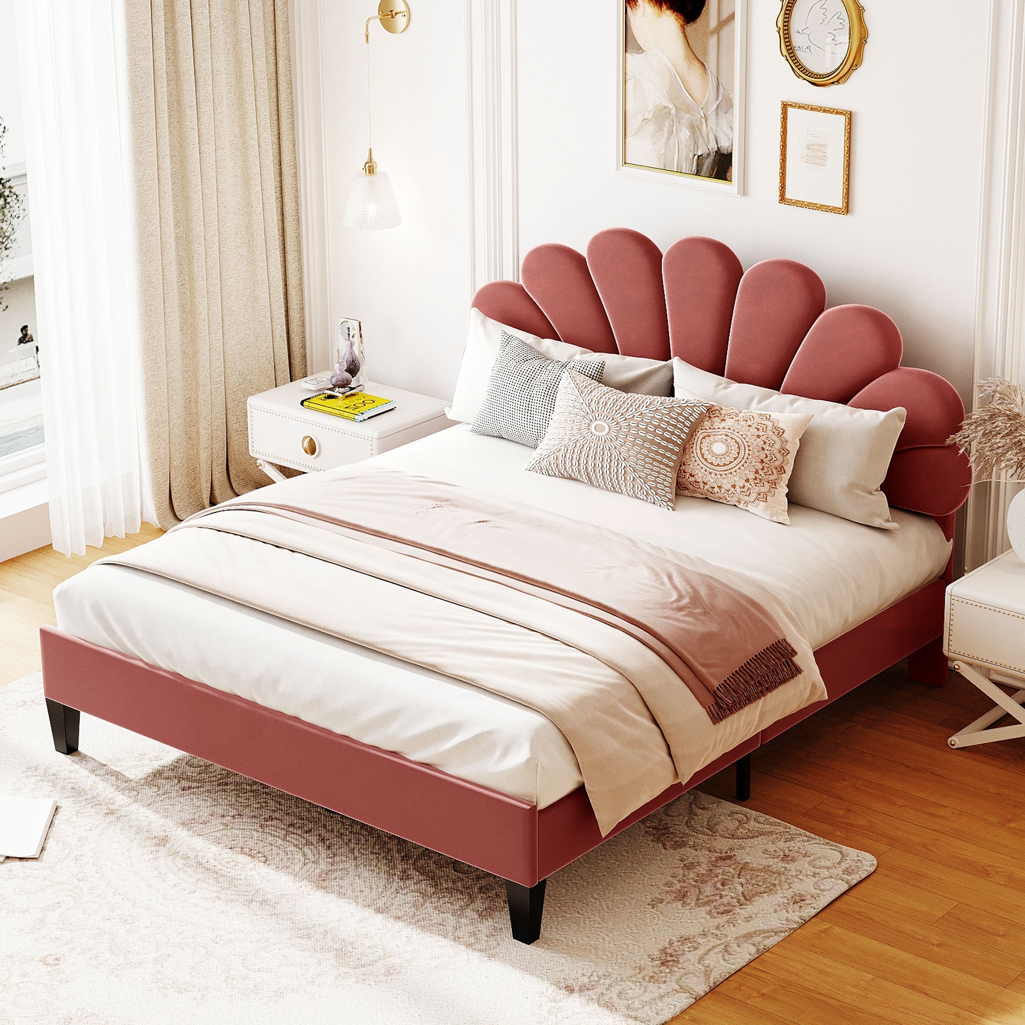 Flower Pattern Velvet Upholstered Bed