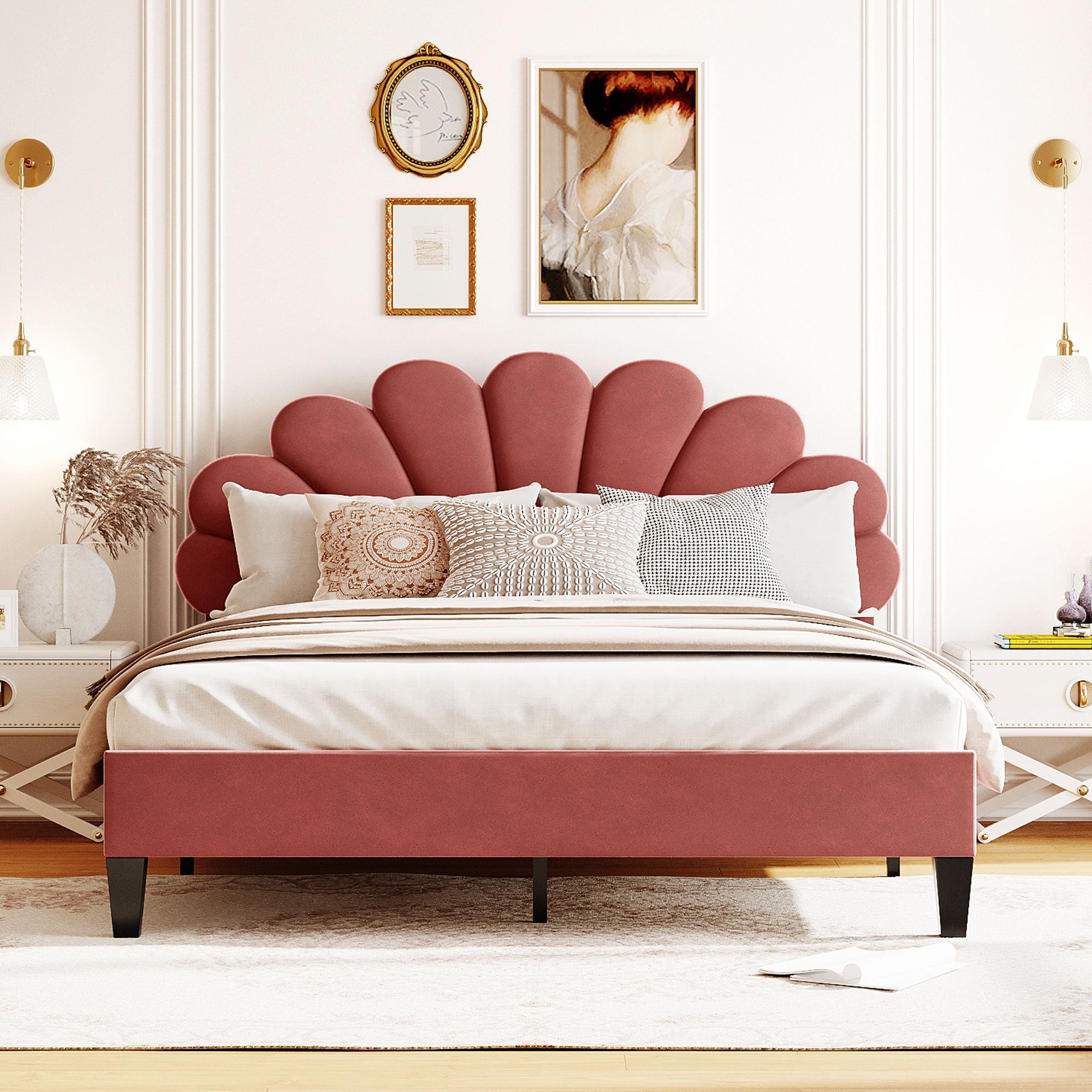 Flower Pattern Velvet Upholstered Bed