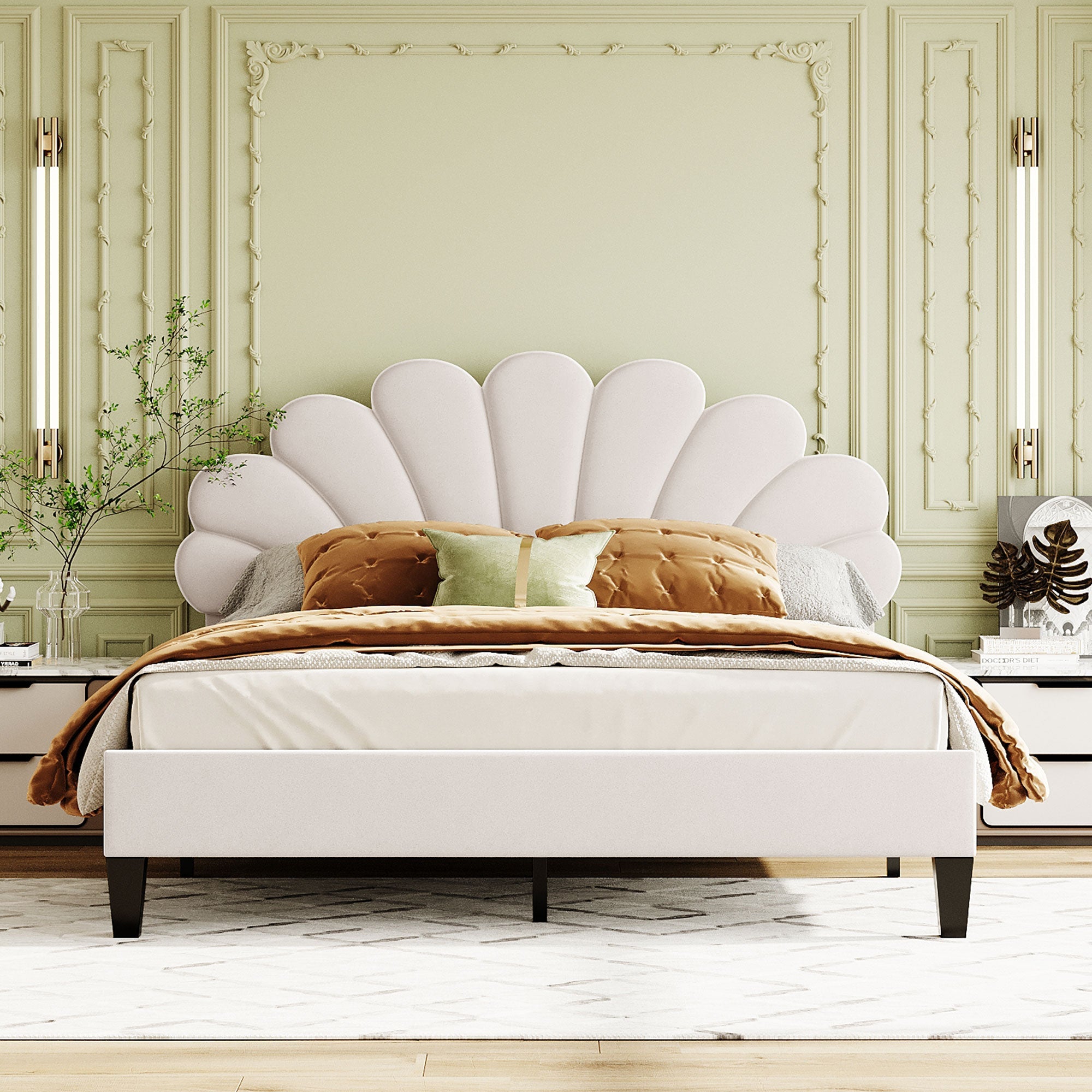 Flower Pattern Velvet Upholstered Bed
