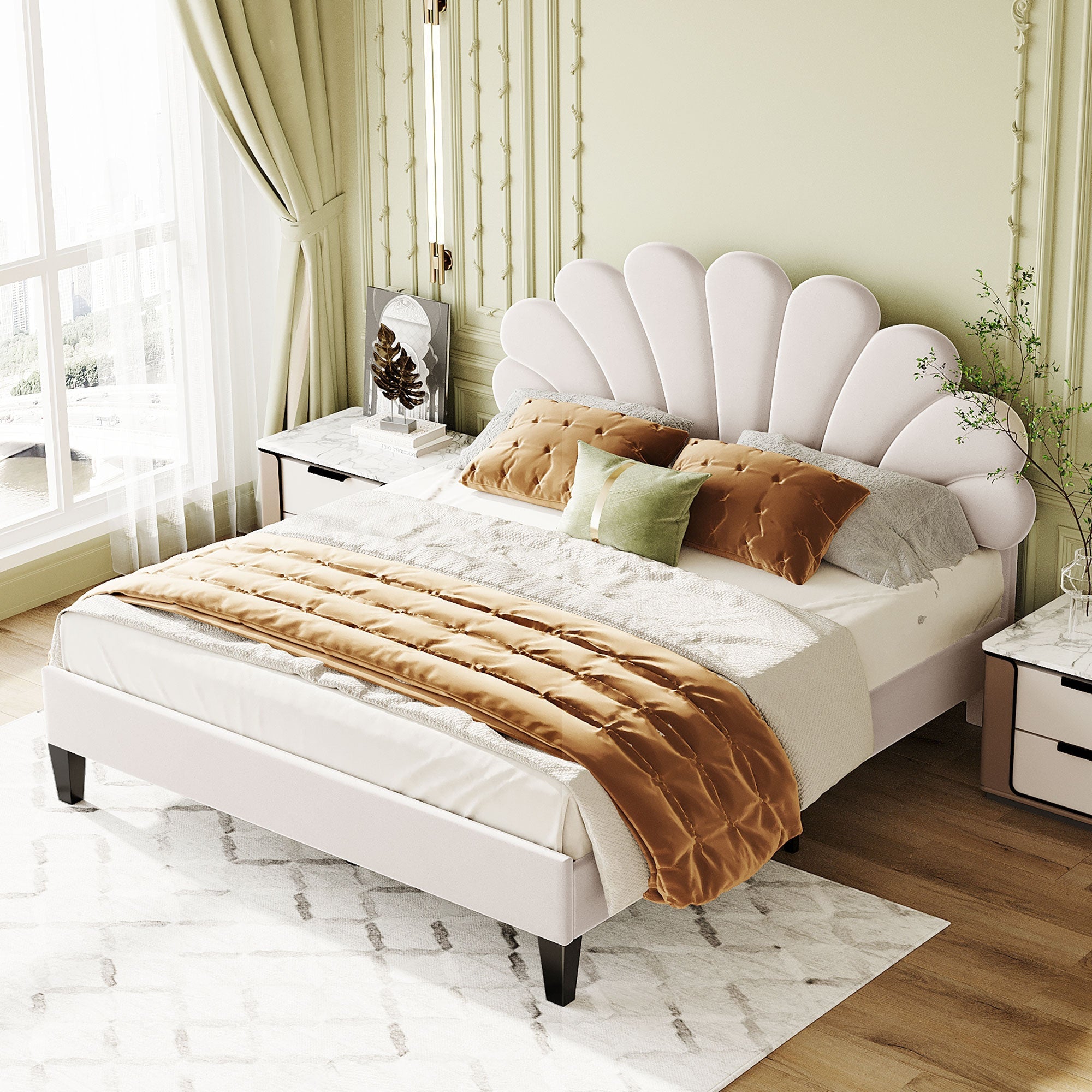 Flower Pattern Velvet Upholstered Bed