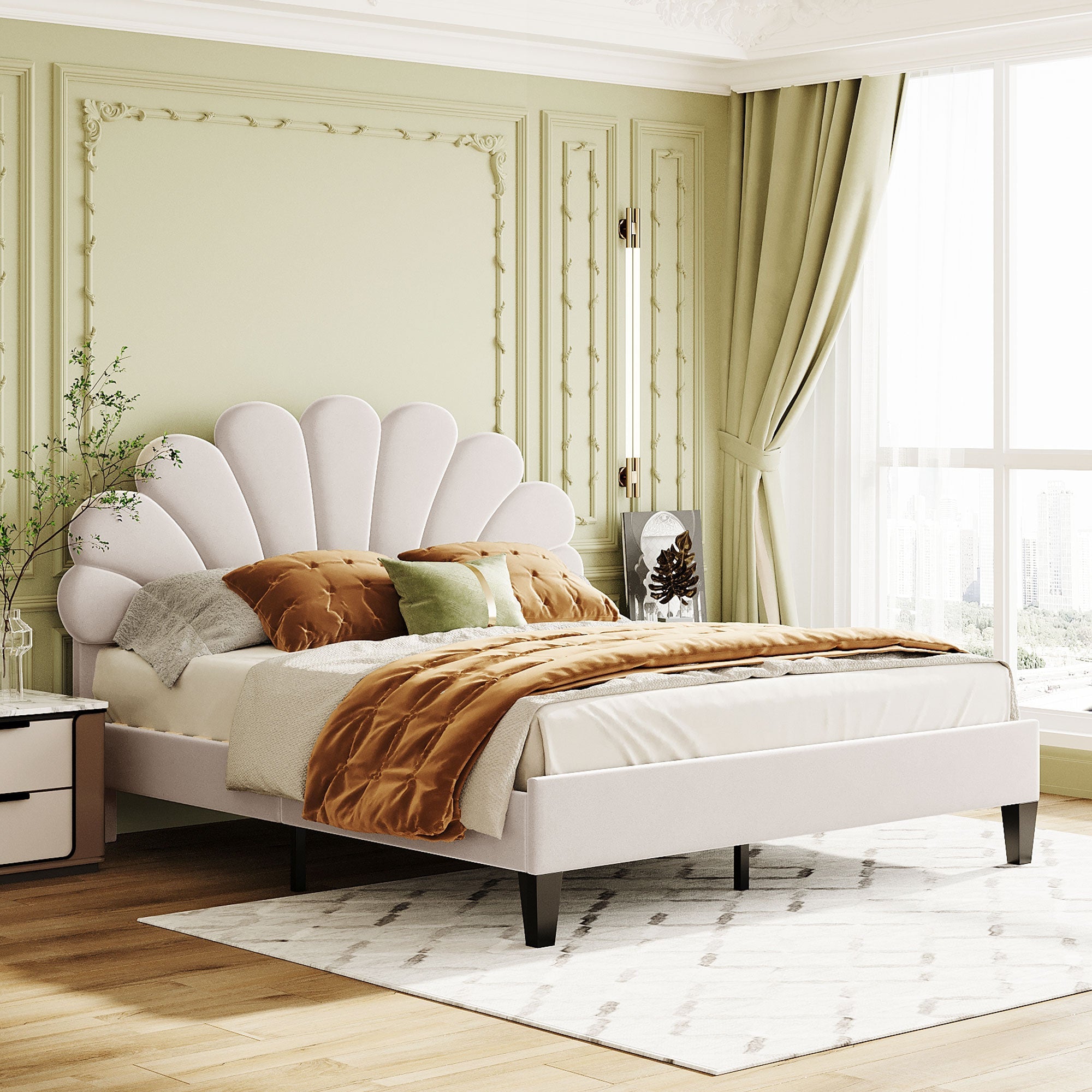 Flower Pattern Velvet Upholstered Bed