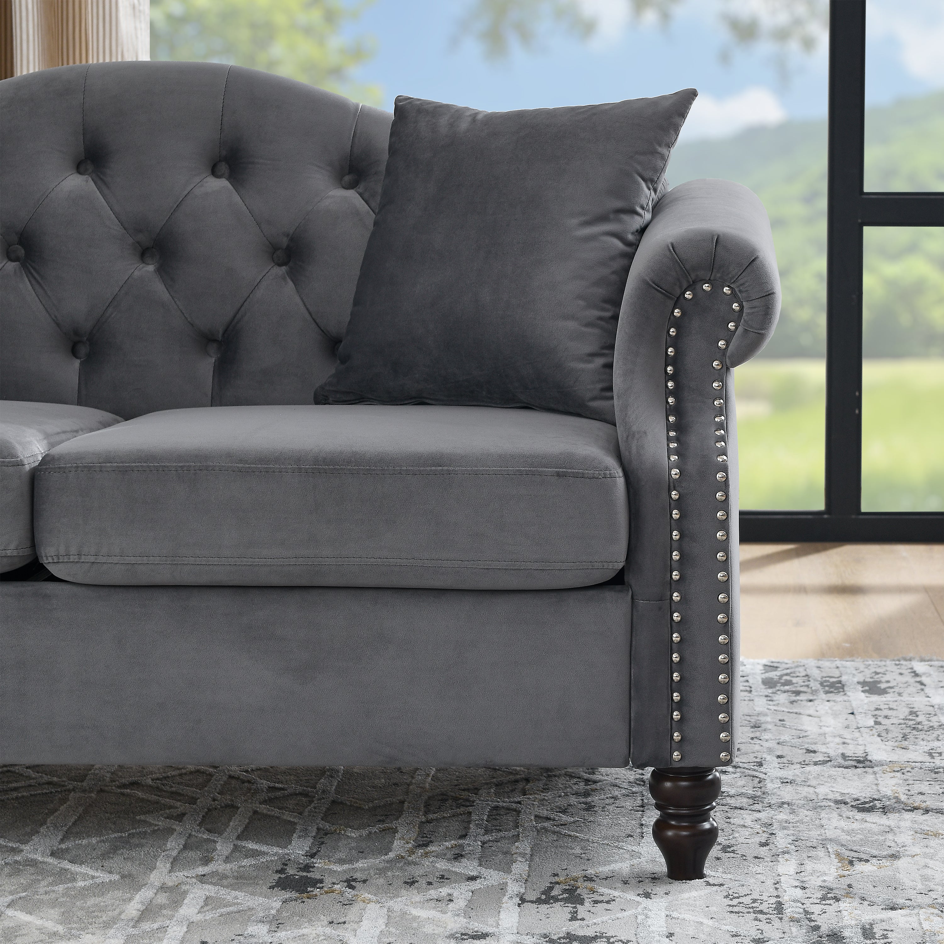 Nailhead Velvet Pitched Back Chesterfield 3-Seater Sofa