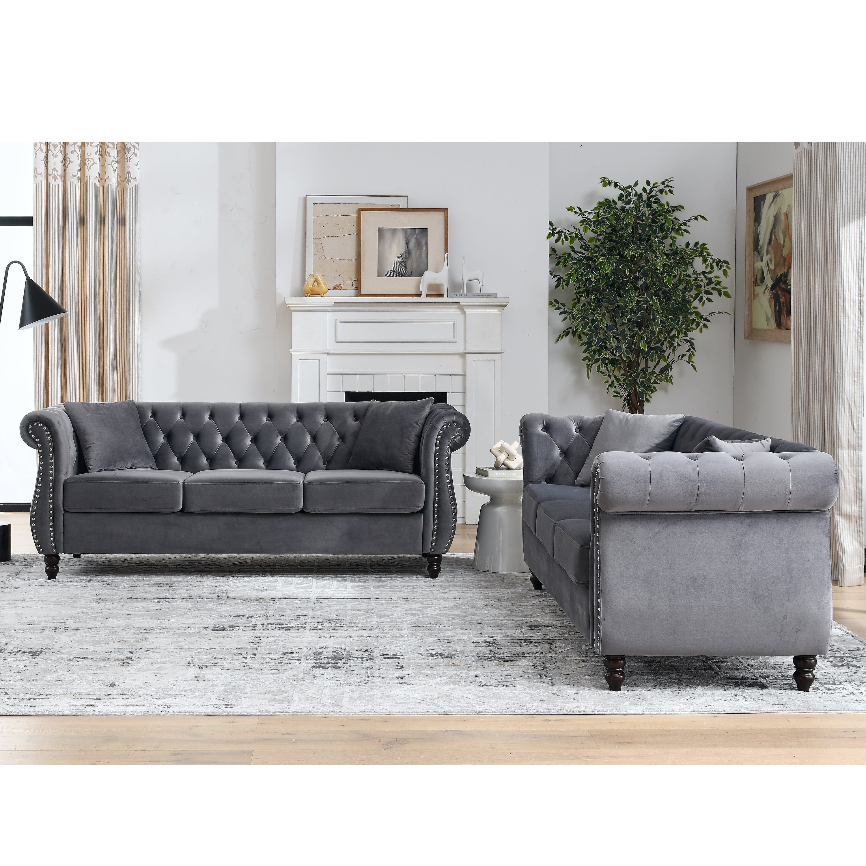Nailhead Velvet Chesterfield 3-Seater Sofa