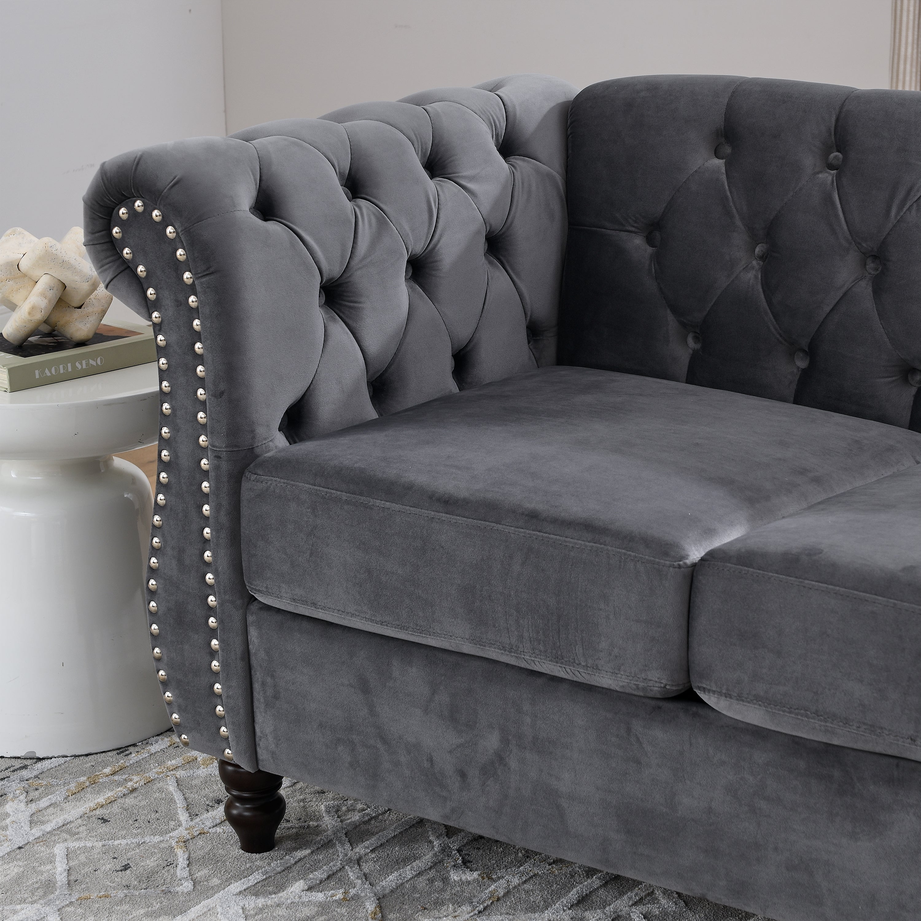 Nailhead Velvet Chesterfield 3-Seater Sofa
