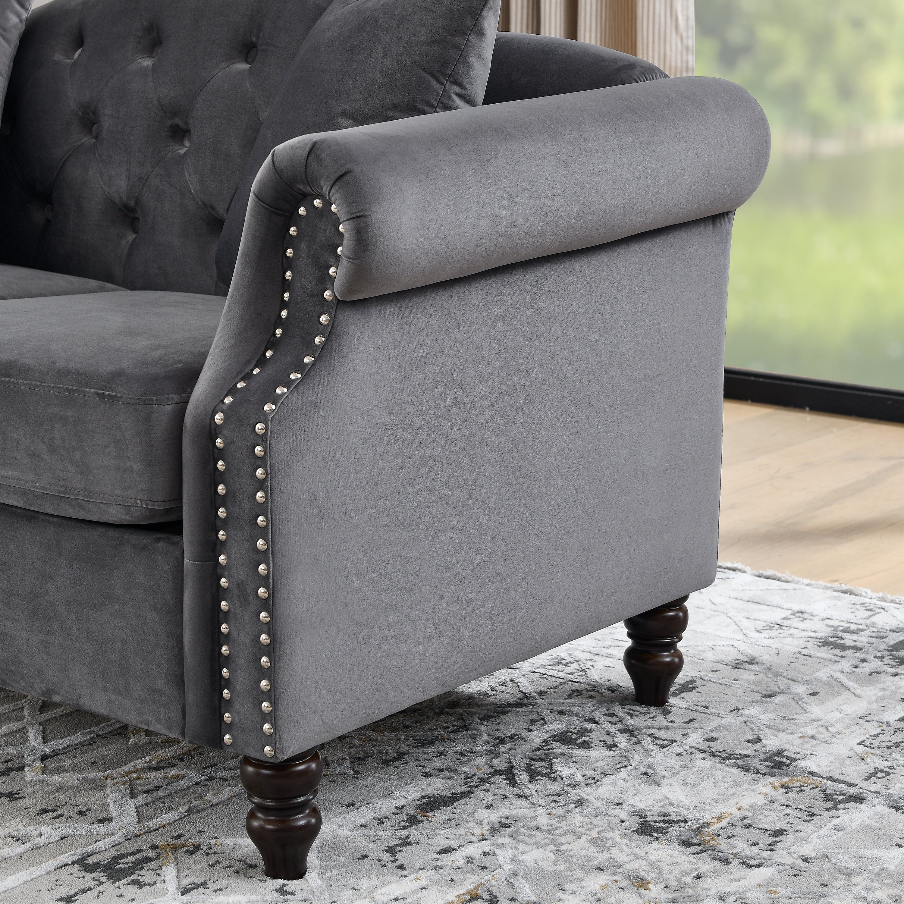 Nailhead Velvet Pitched Back Chesterfield 3-Seater Sofa