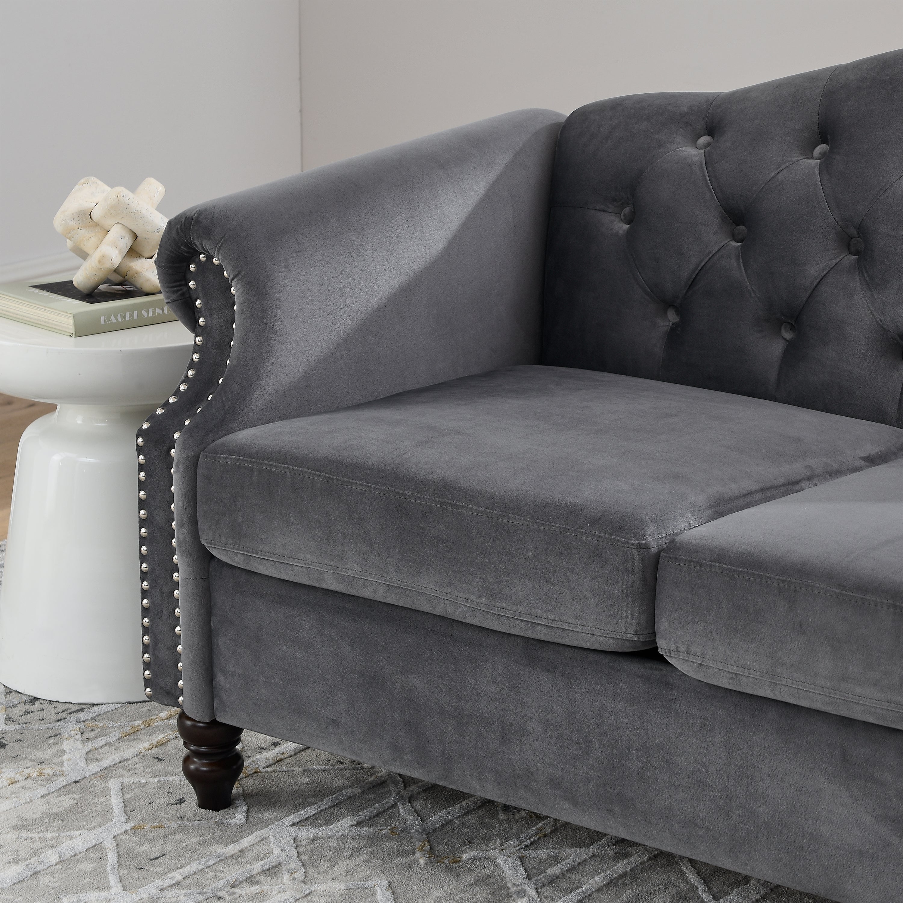 Nailhead Velvet Pitched Back Chesterfield 3-Seater Sofa