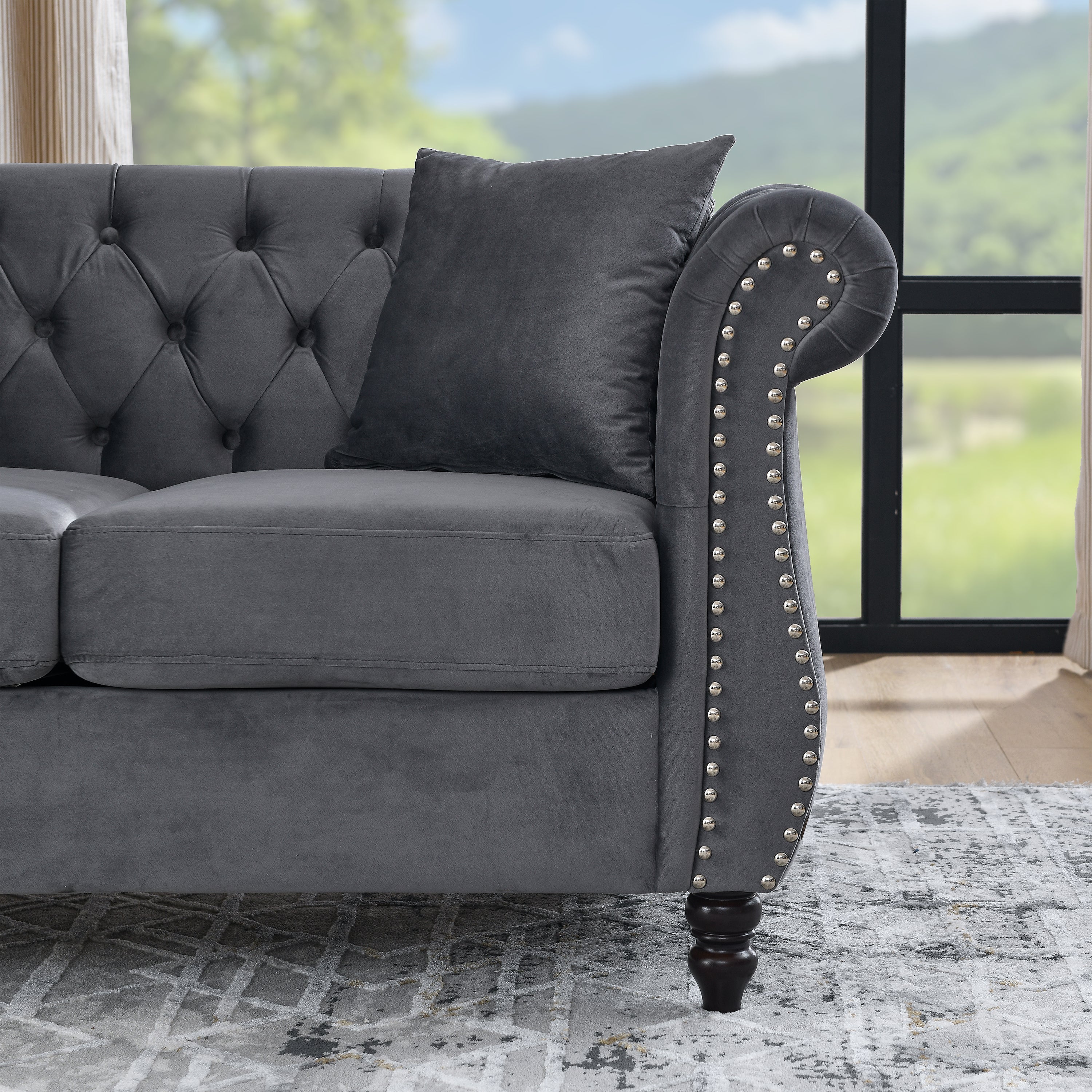 Nailhead Velvet Chesterfield 3-Seater Sofa