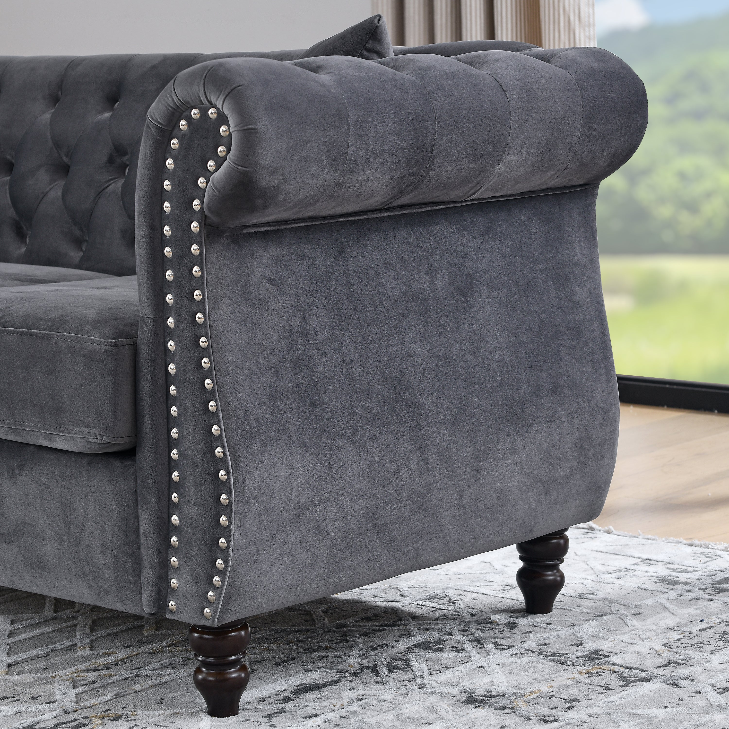 Nailhead Velvet Chesterfield 3-Seater Sofa