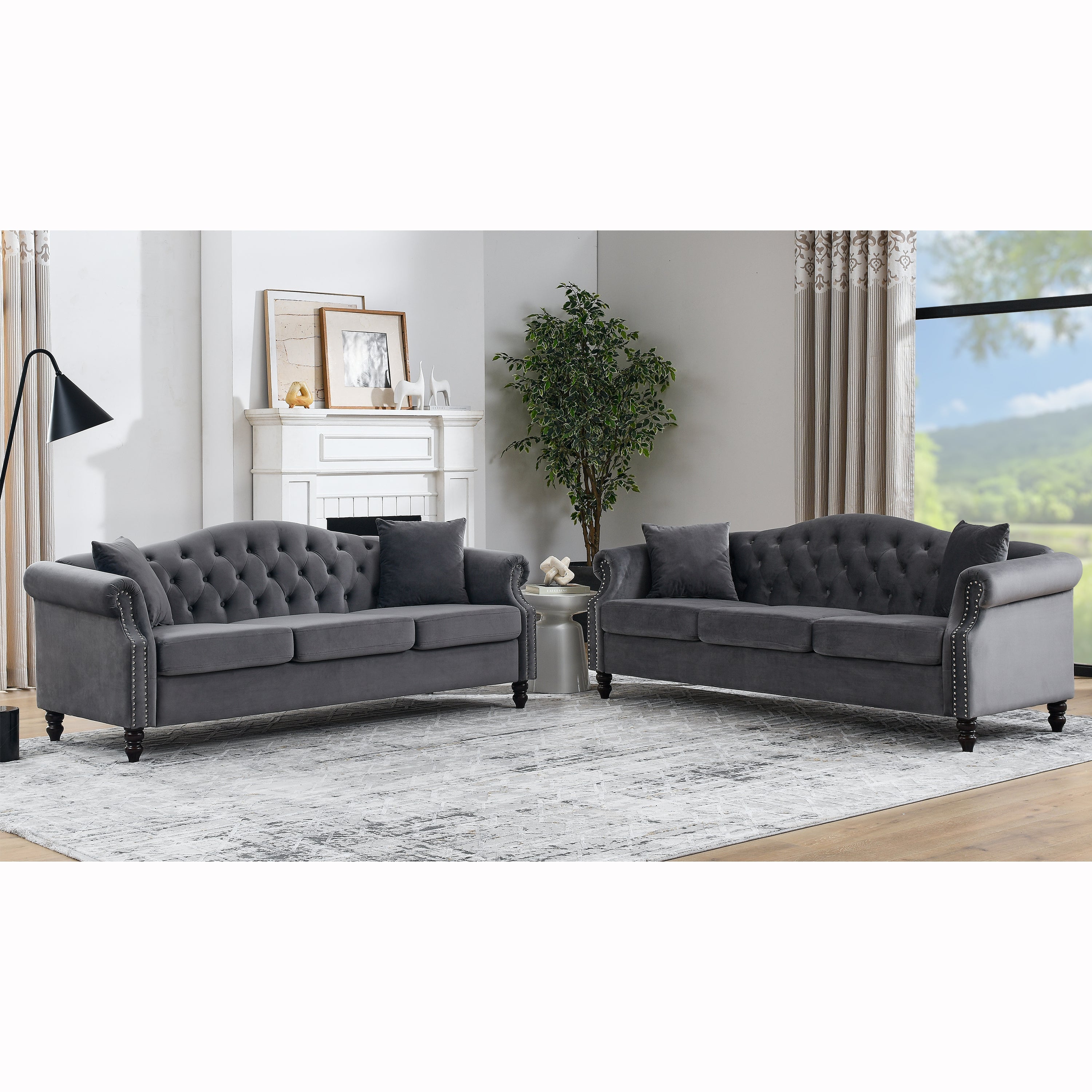 Nailhead Velvet Pitched Back Chesterfield 3-Seater Sofa