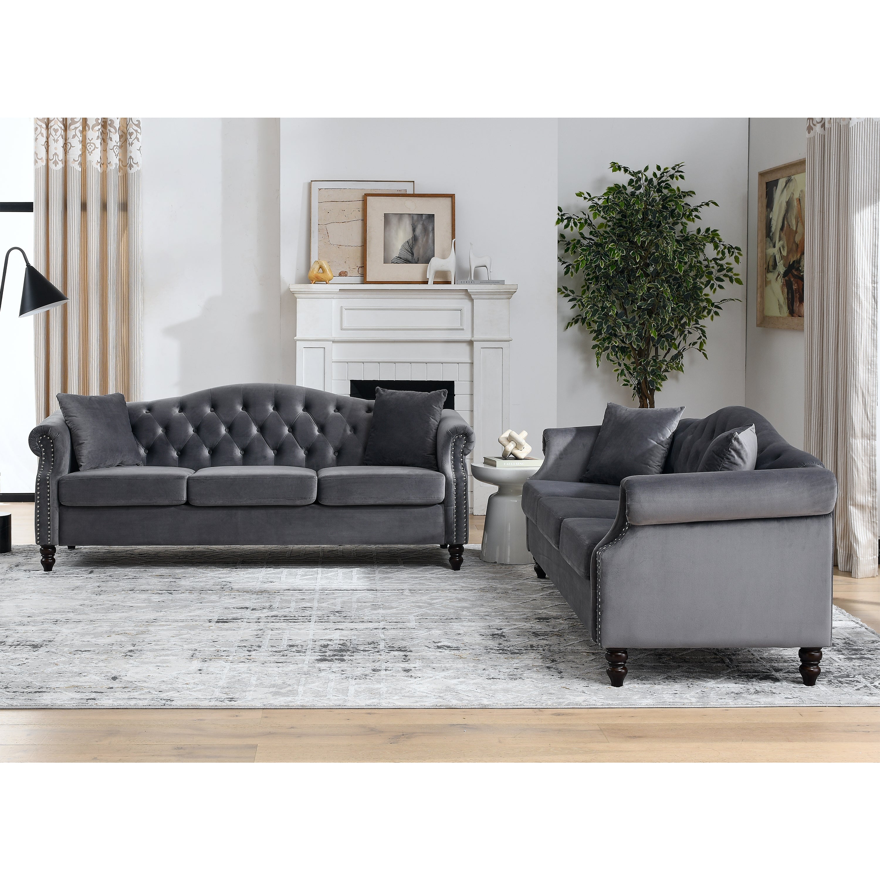 Nailhead Velvet Pitched Back Chesterfield 3-Seater Sofa