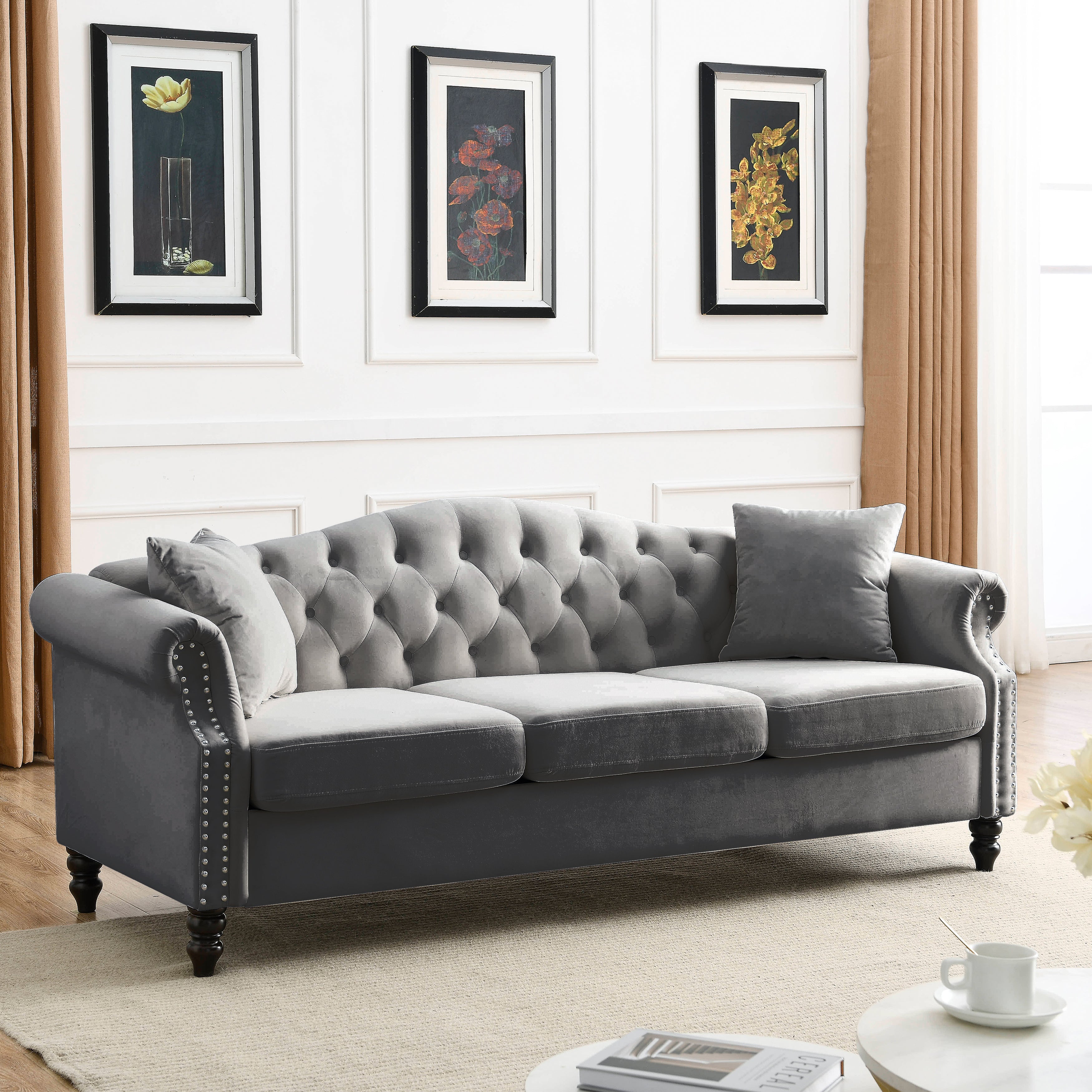 Nailhead Velvet Pitched Back Chesterfield 3-Seater Sofa