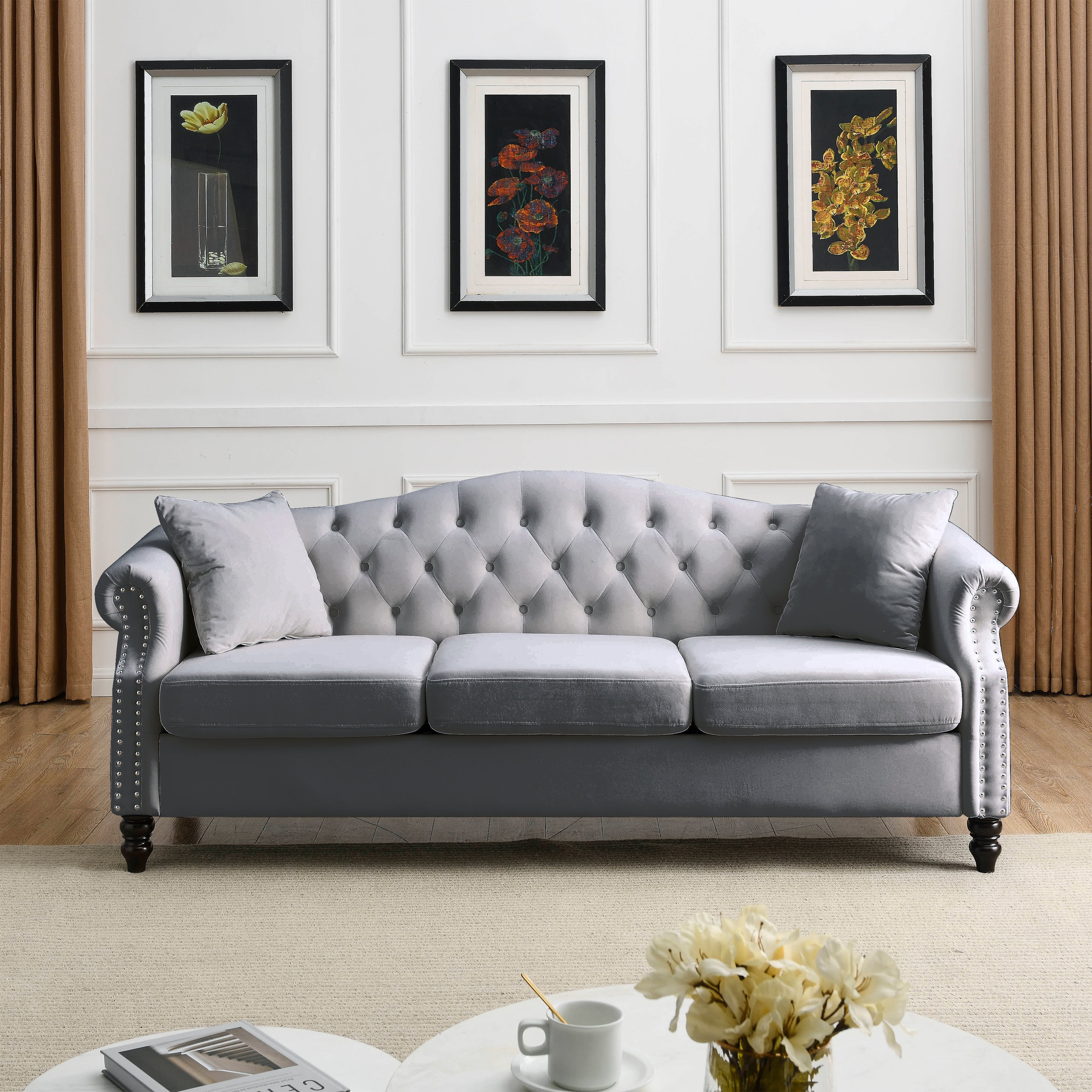 Nailhead Velvet Pitched Back Chesterfield 3-Seater Sofa