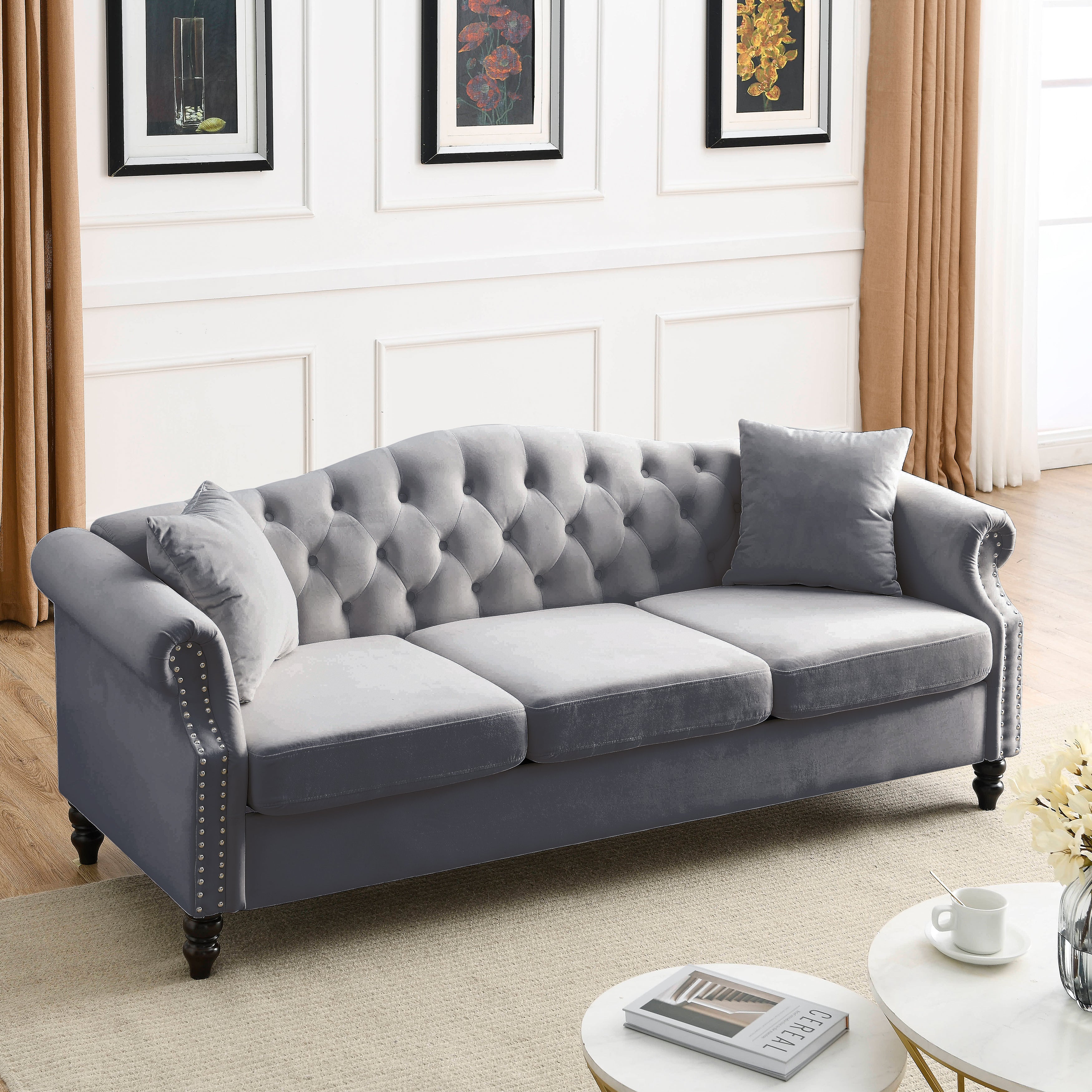 Nailhead Velvet Pitched Back Chesterfield 3-Seater Sofa