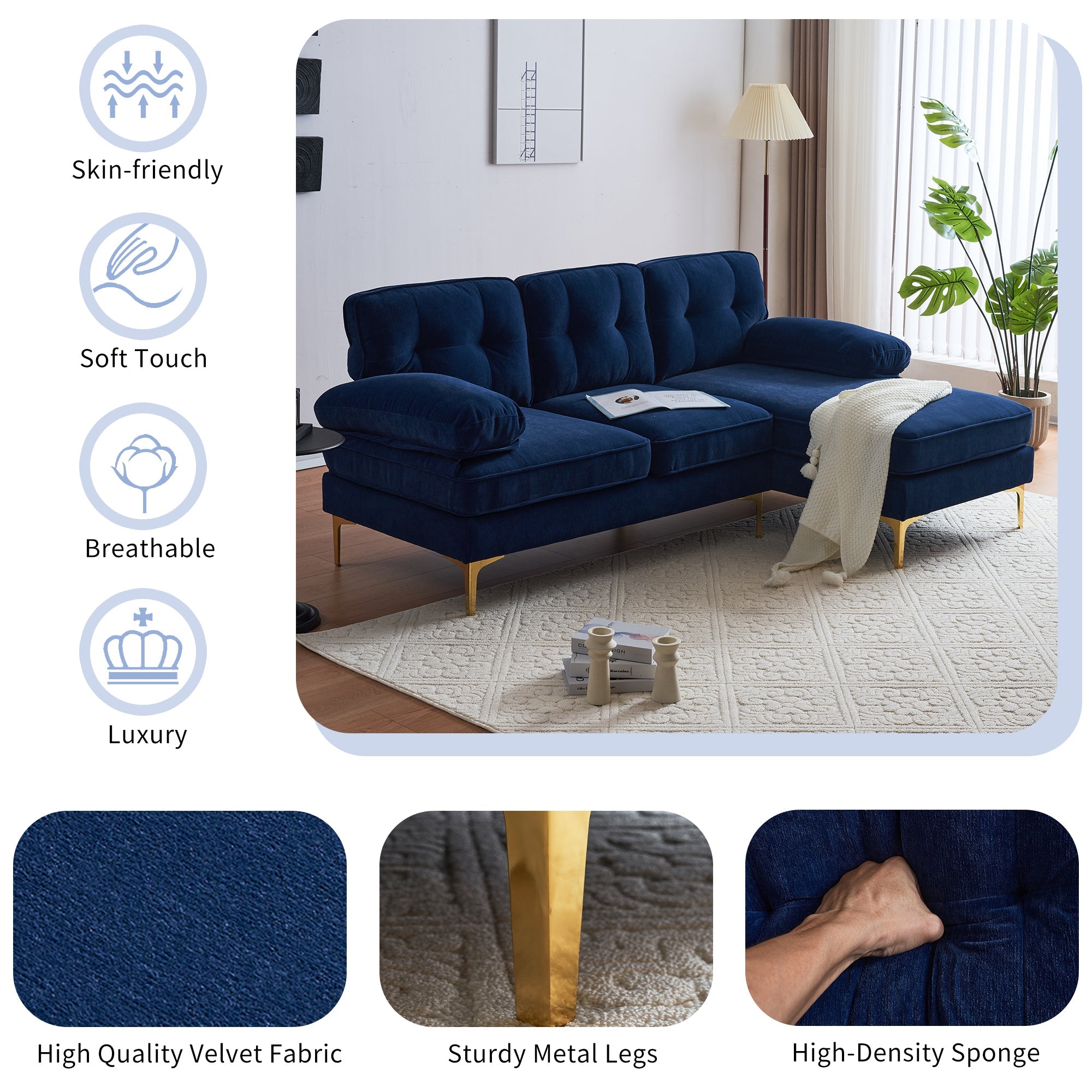 Modern Tufted Velvet L-Shape Sofa