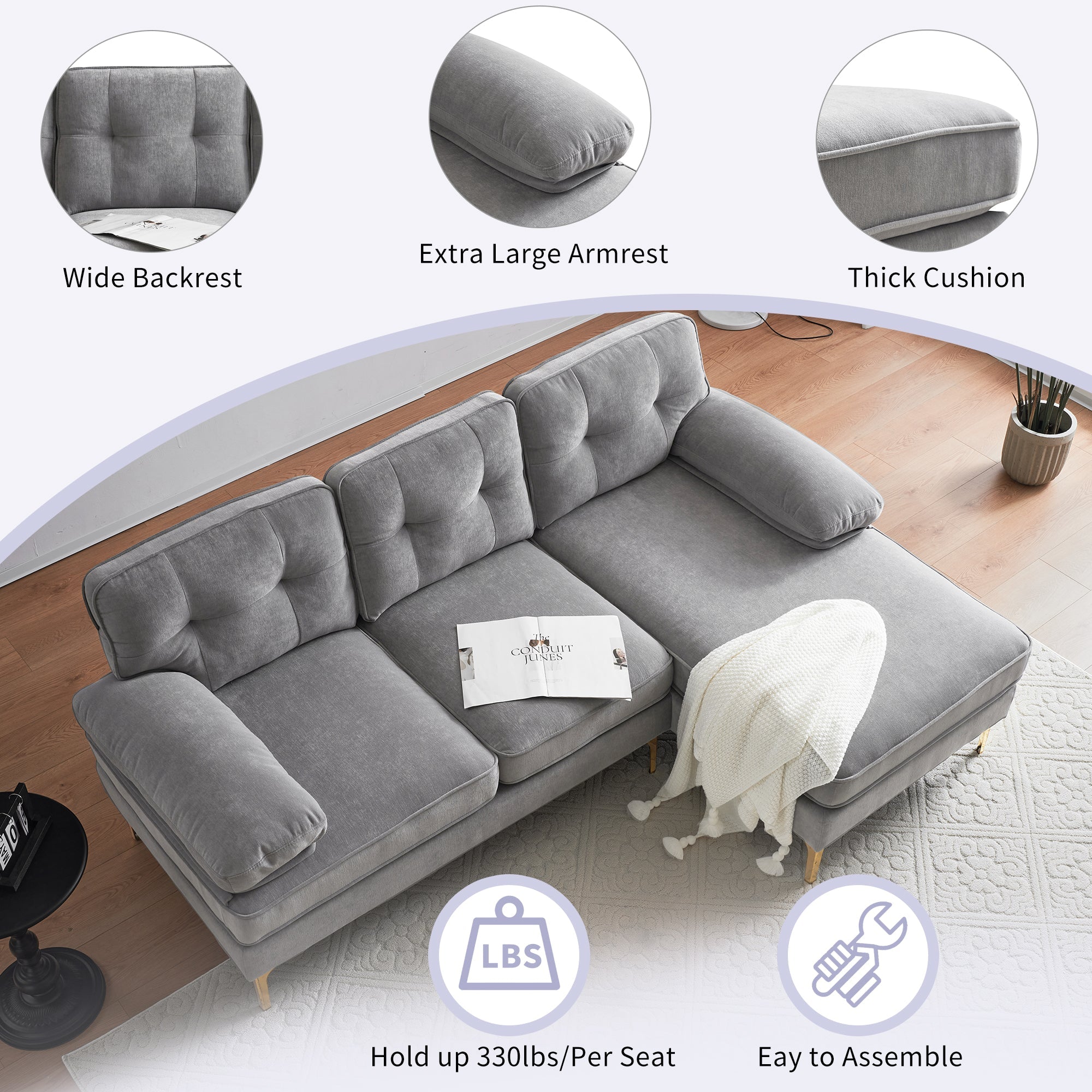 Modern Tufted Velvet L-Shape Sofa