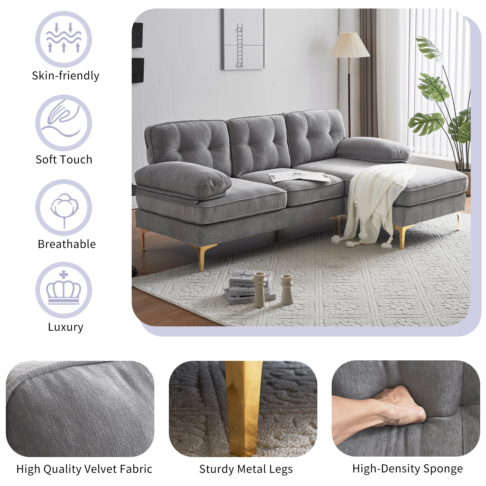 Modern Tufted Velvet L-Shape Sofa