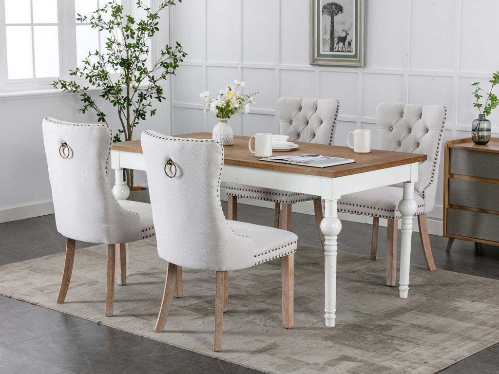 Rosewick Modern Tufted Linen Nailhead Trim Solid Wood Upholstered Dining Chair with Wood Legs, Set of 2