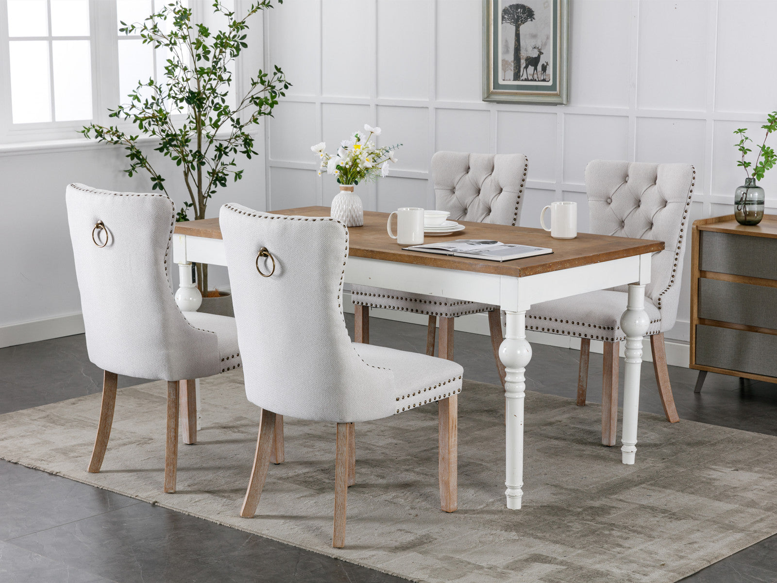 Rosewick Modern Tufted Linen Nailhead Trim Solid Wood Upholstered Dining Chair with Wood Legs, Set of 2