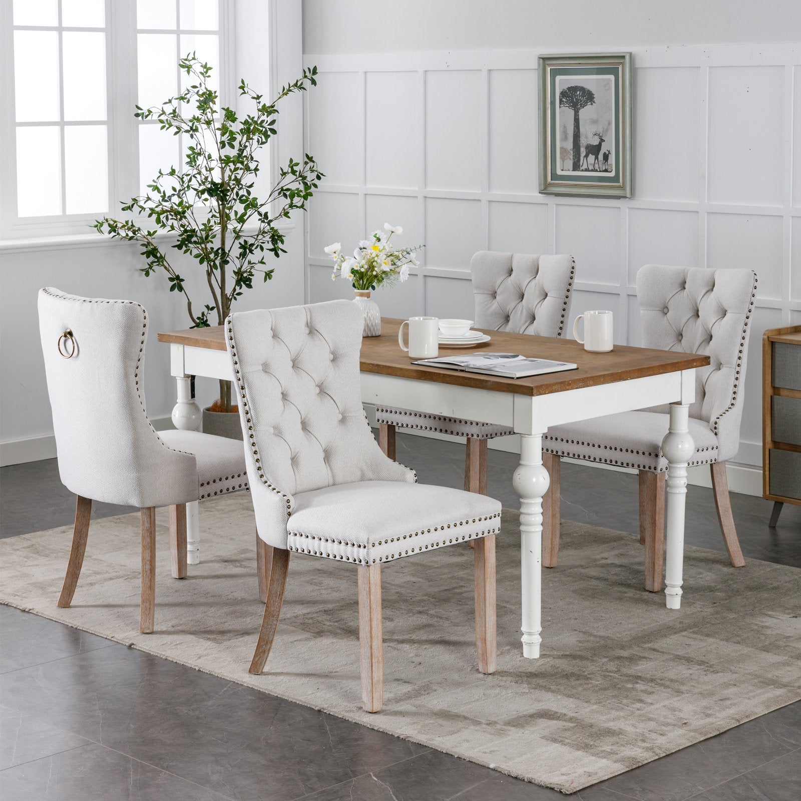 Rosewick Modern Tufted Linen Nailhead Trim Solid Wood Upholstered Dining Chair with Wood Legs, Set of 2