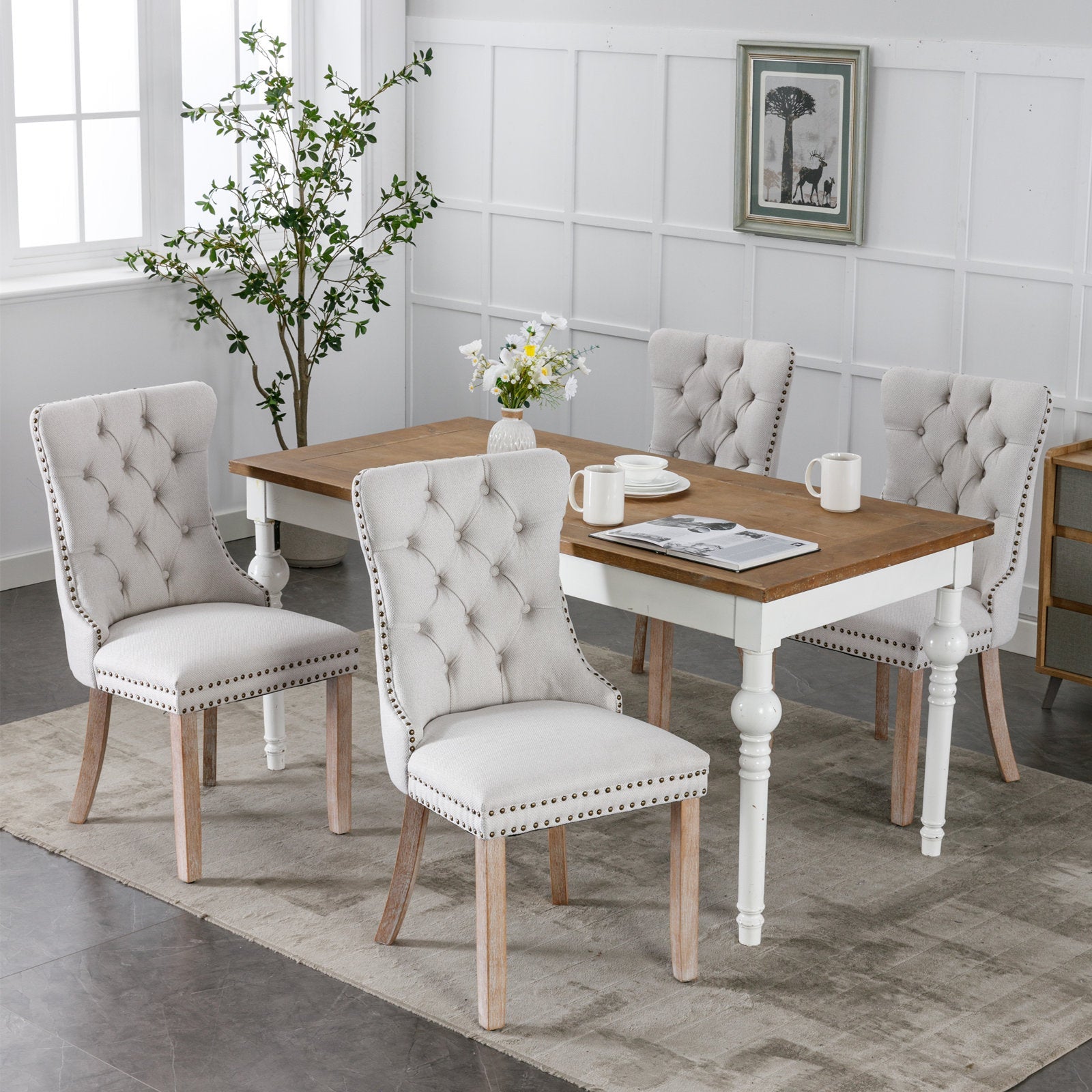 Rosewick Modern Tufted Linen Nailhead Trim Solid Wood Upholstered Dining Chair with Wood Legs, Set of 2