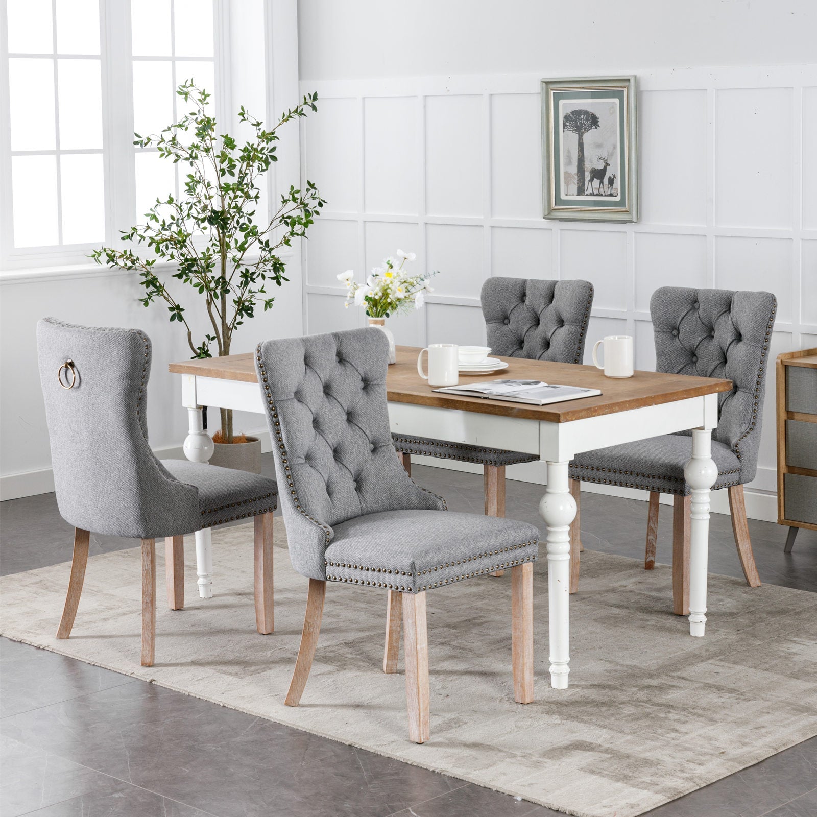 Rosewick Modern Tufted Linen Nailhead Trim Solid Wood Upholstered Dining Chair with Wood Legs, Set of 2