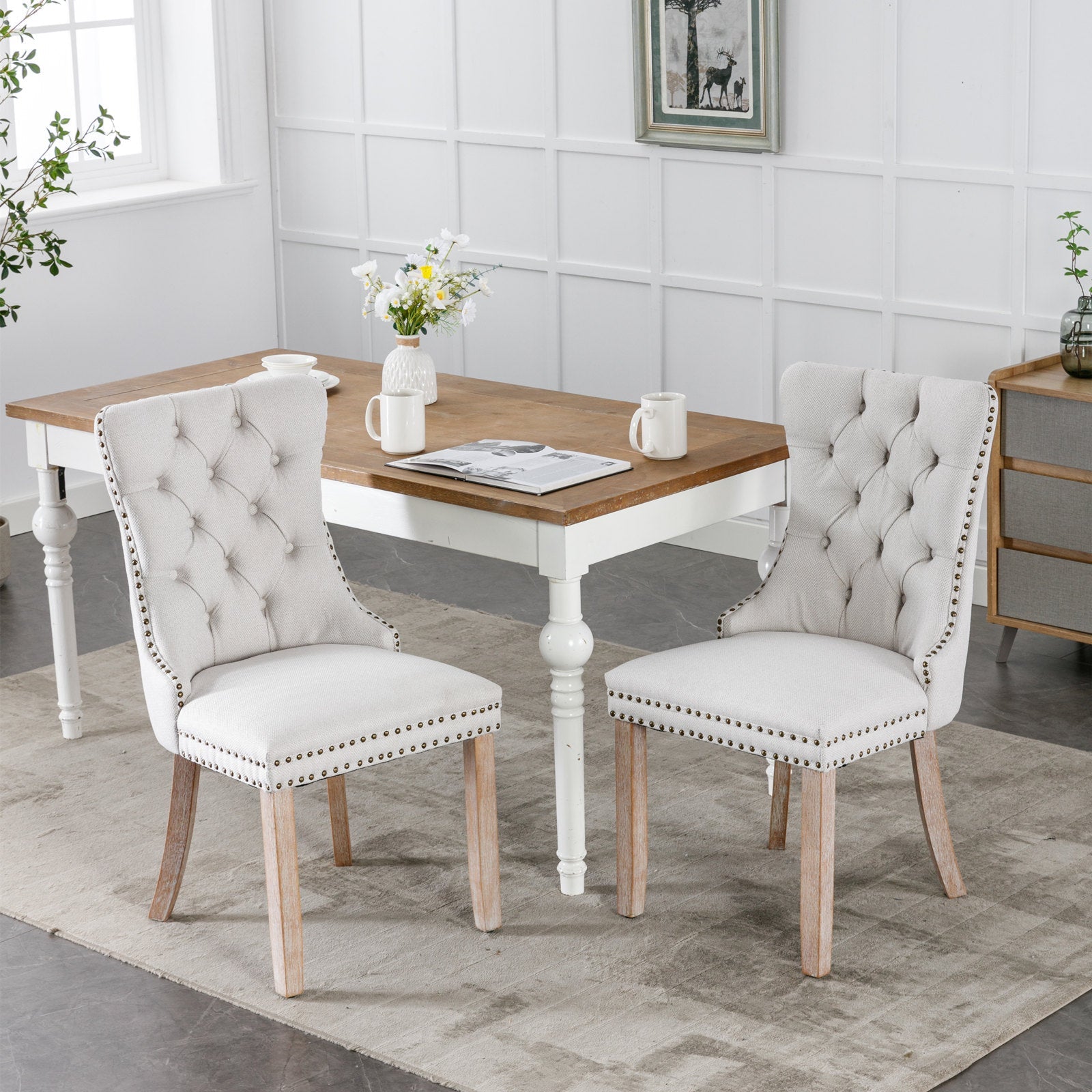 Rosewick Modern Tufted Linen Nailhead Trim Solid Wood Upholstered Dining Chair with Wood Legs, Set of 2