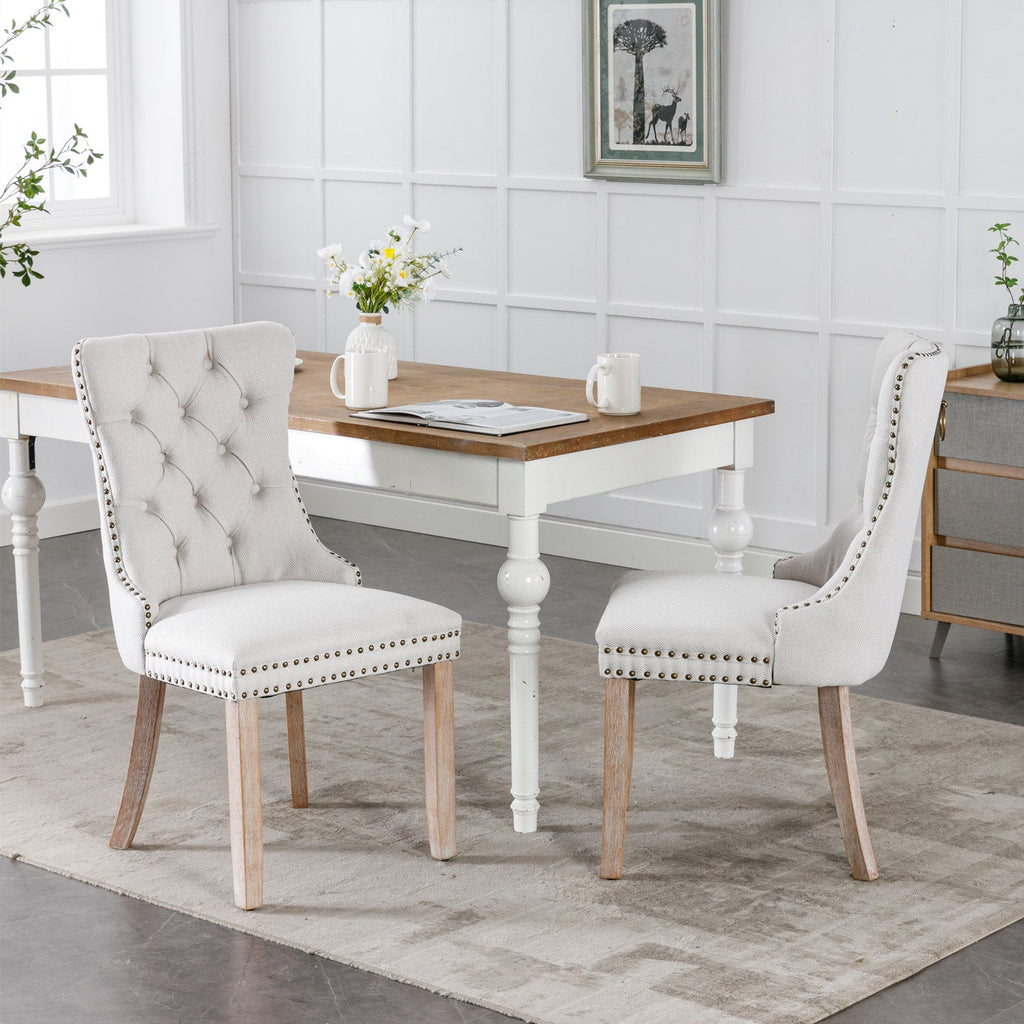 Rosewick Modern Tufted Linen Nailhead Trim Solid Wood Upholstered Dining Chair with Wood Legs, Set of 2