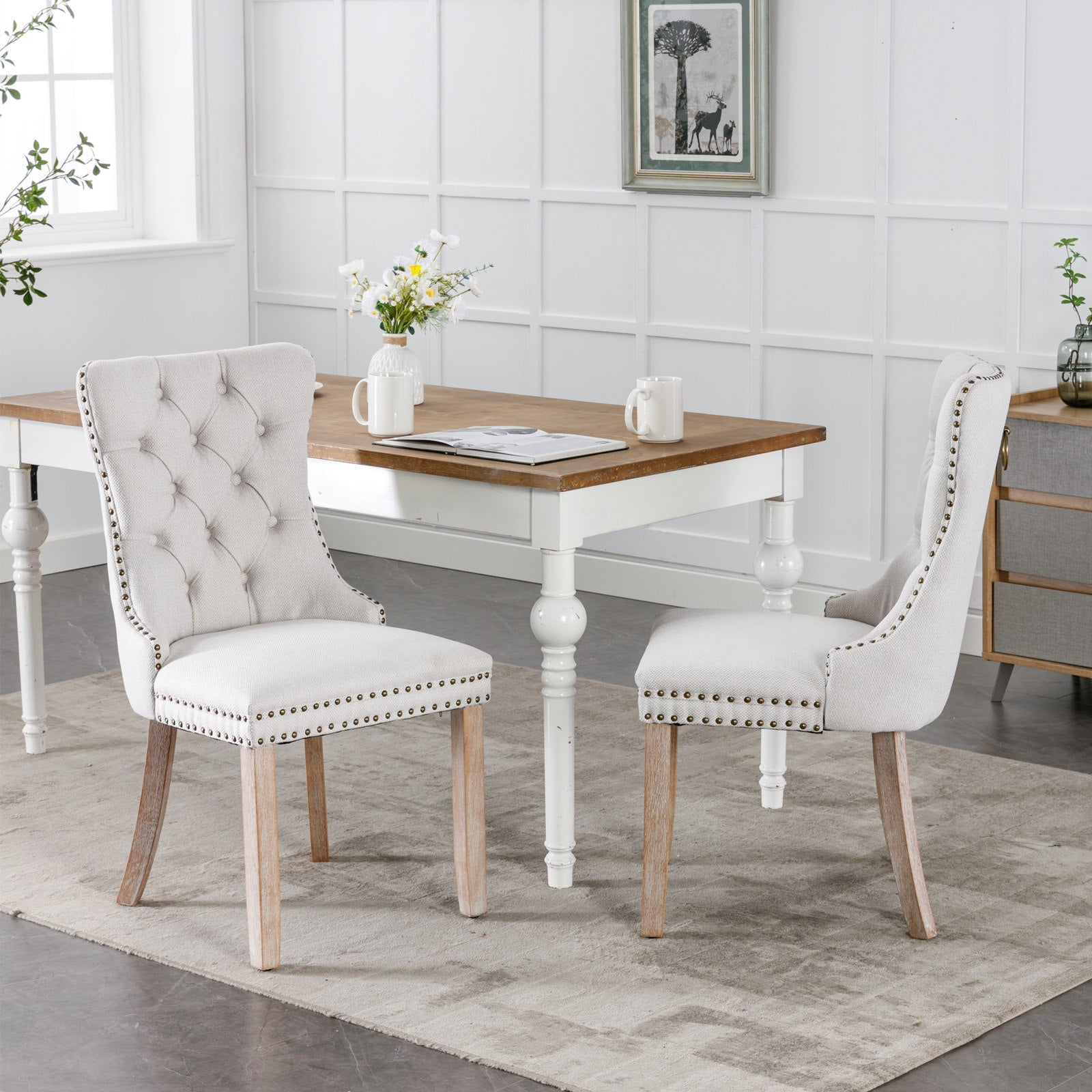 Rosewick Modern Tufted Linen Nailhead Trim Solid Wood Upholstered Dining Chair with Wood Legs, Set of 2