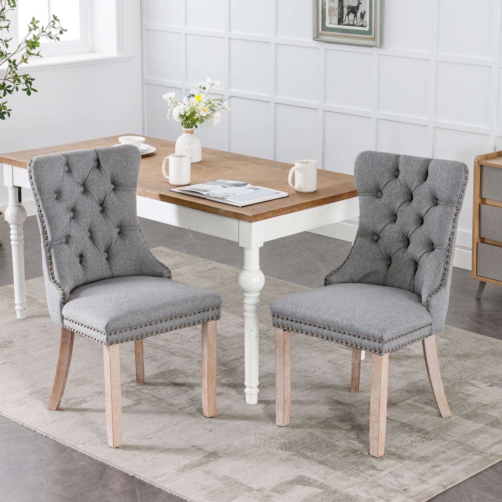 Rosewick Modern Tufted Linen Nailhead Trim Solid Wood Upholstered Dining Chair with Wood Legs, Set of 2
