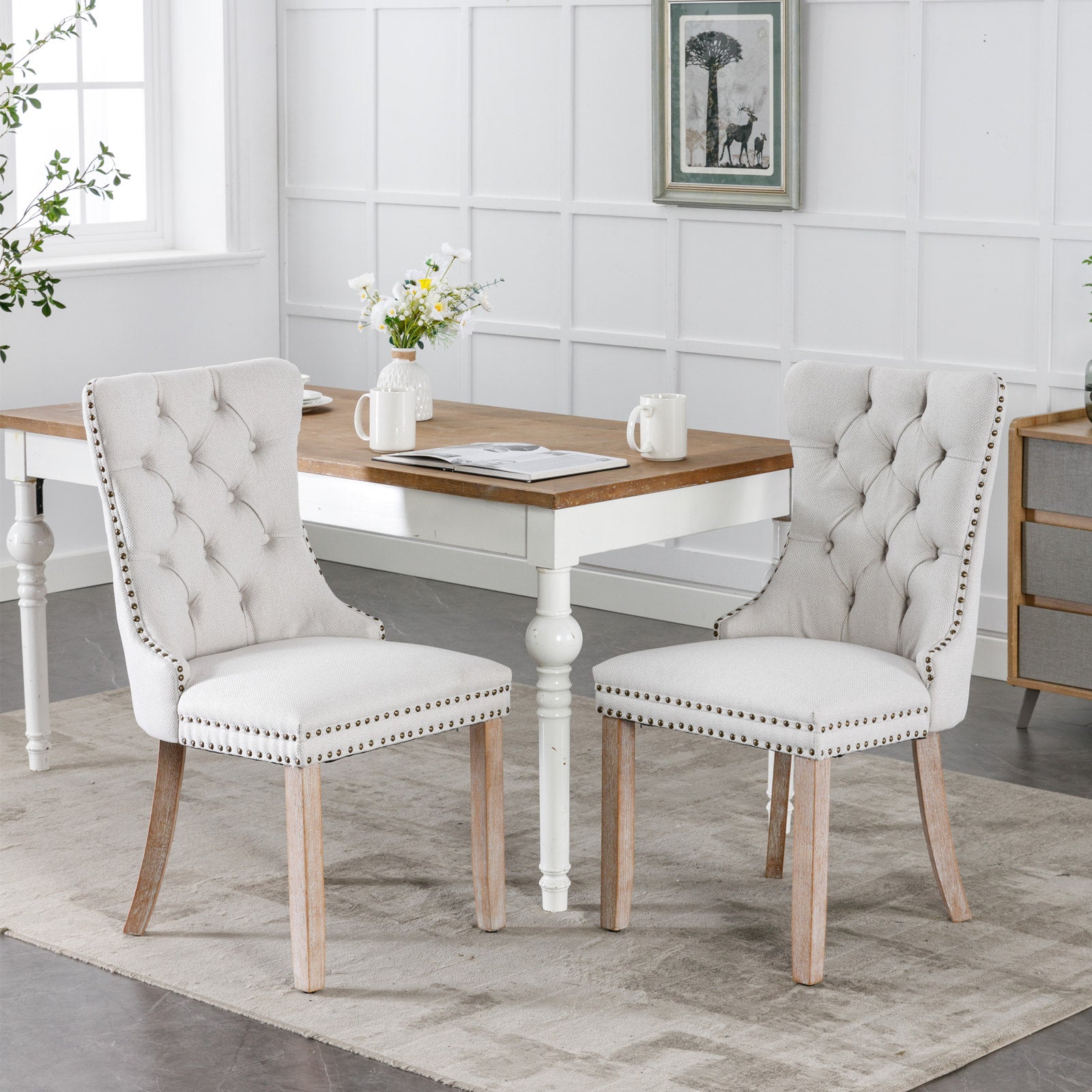 Rosewick Modern Tufted Linen Nailhead Trim Solid Wood Upholstered Dining Chair with Wood Legs, Set of 2