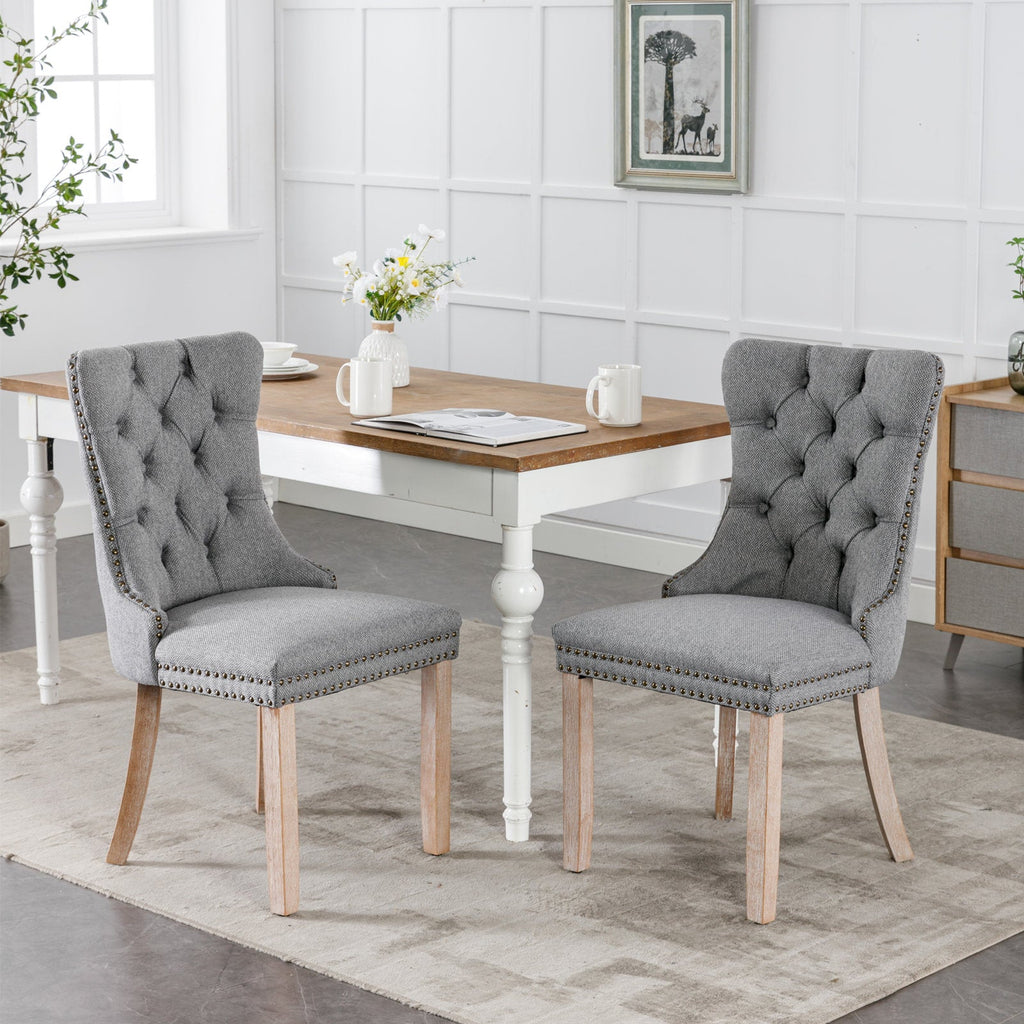 Rosewick Modern Tufted Linen Nailhead Trim Solid Wood Upholstered Dining Chair with Wood Legs, Set of 2