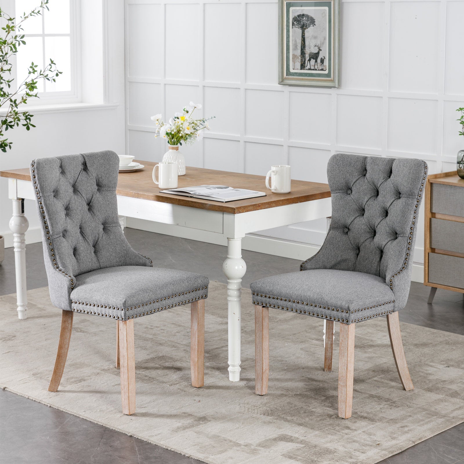Rosewick Modern Tufted Linen Nailhead Trim Solid Wood Upholstered Dining Chair with Wood Legs, Set of 2