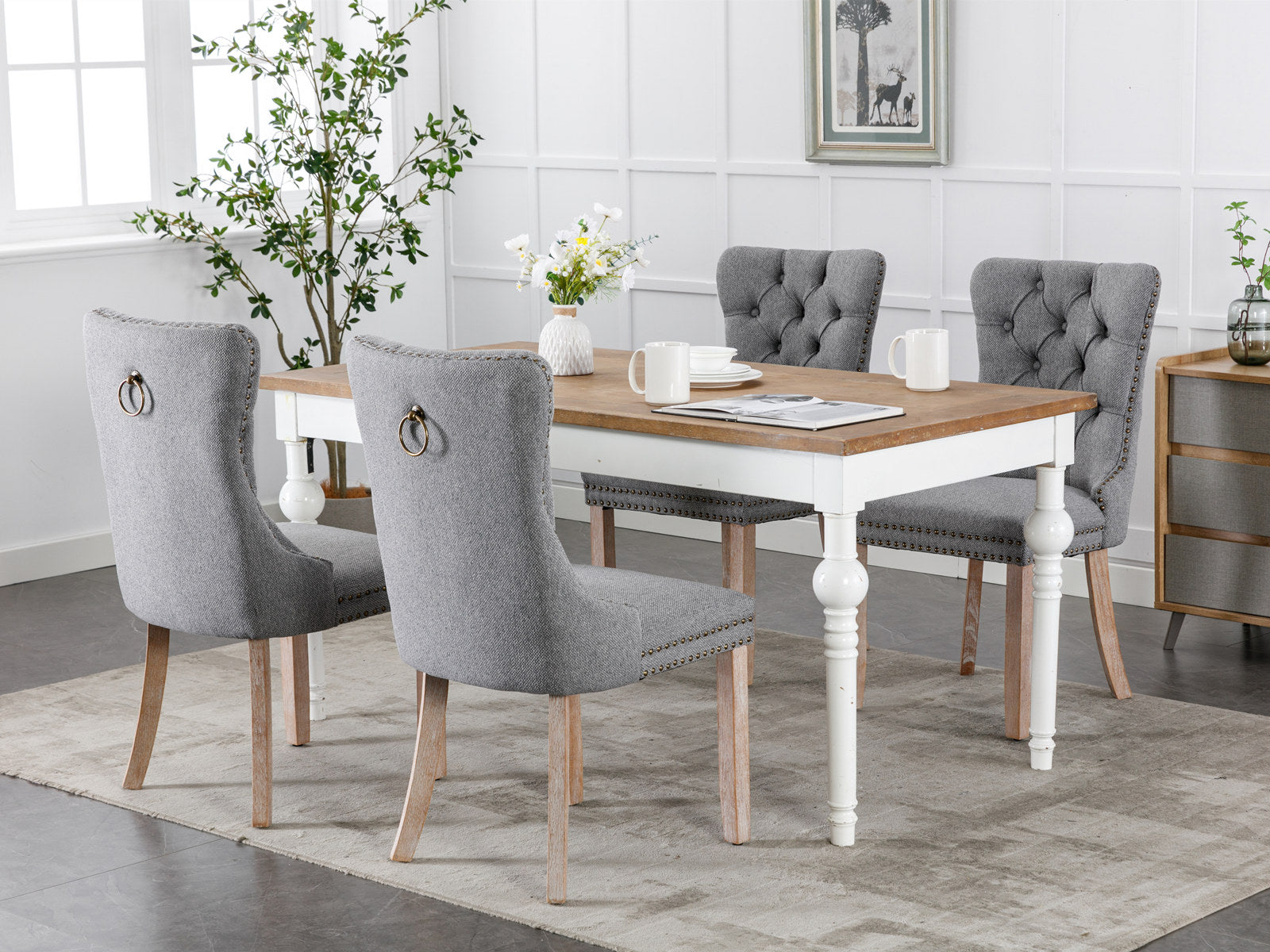 Rosewick Modern Tufted Linen Nailhead Trim Solid Wood Upholstered Dining Chair with Wood Legs, Set of 2