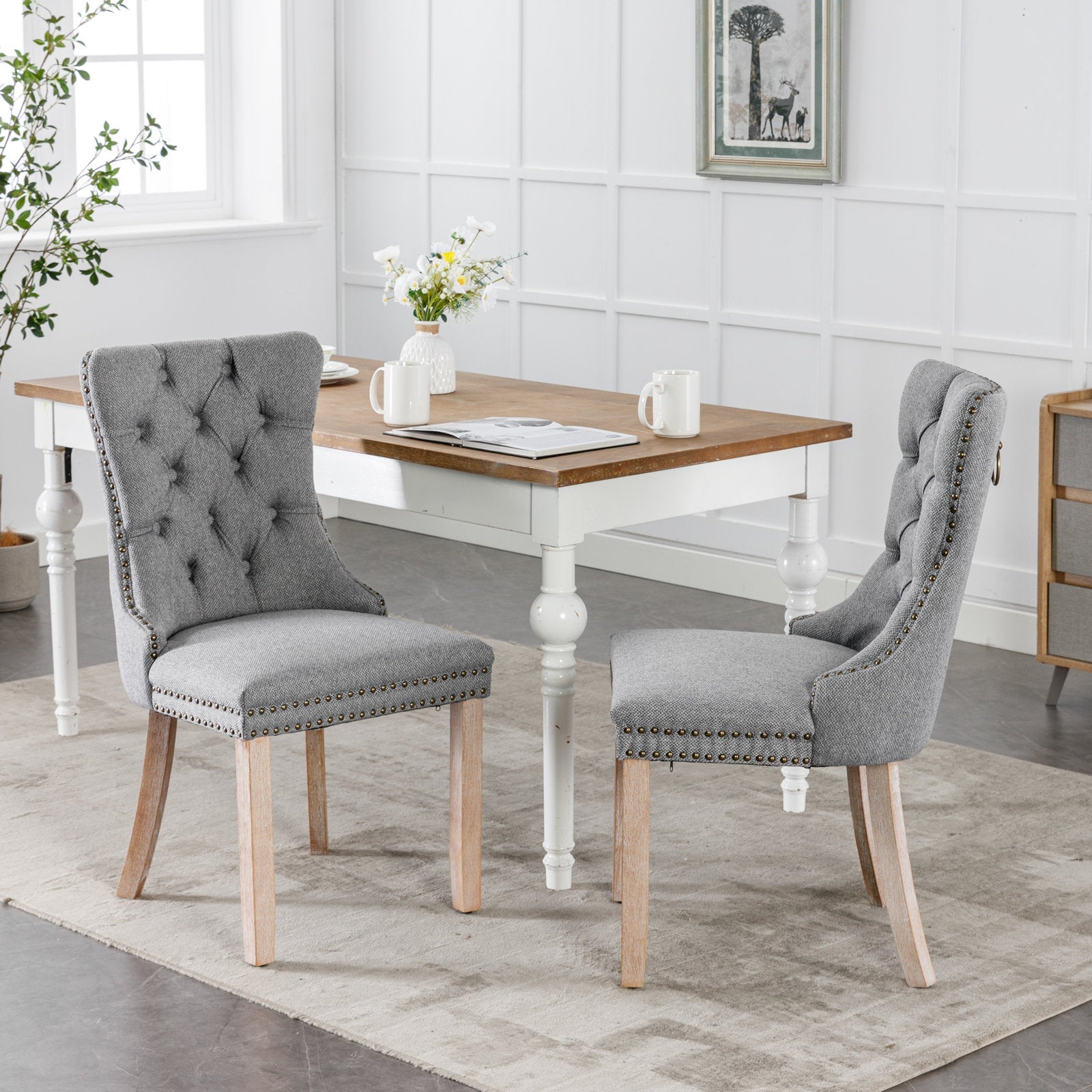 Rosewick Modern Tufted Linen Nailhead Trim Solid Wood Upholstered Dining Chair with Wood Legs, Set of 2