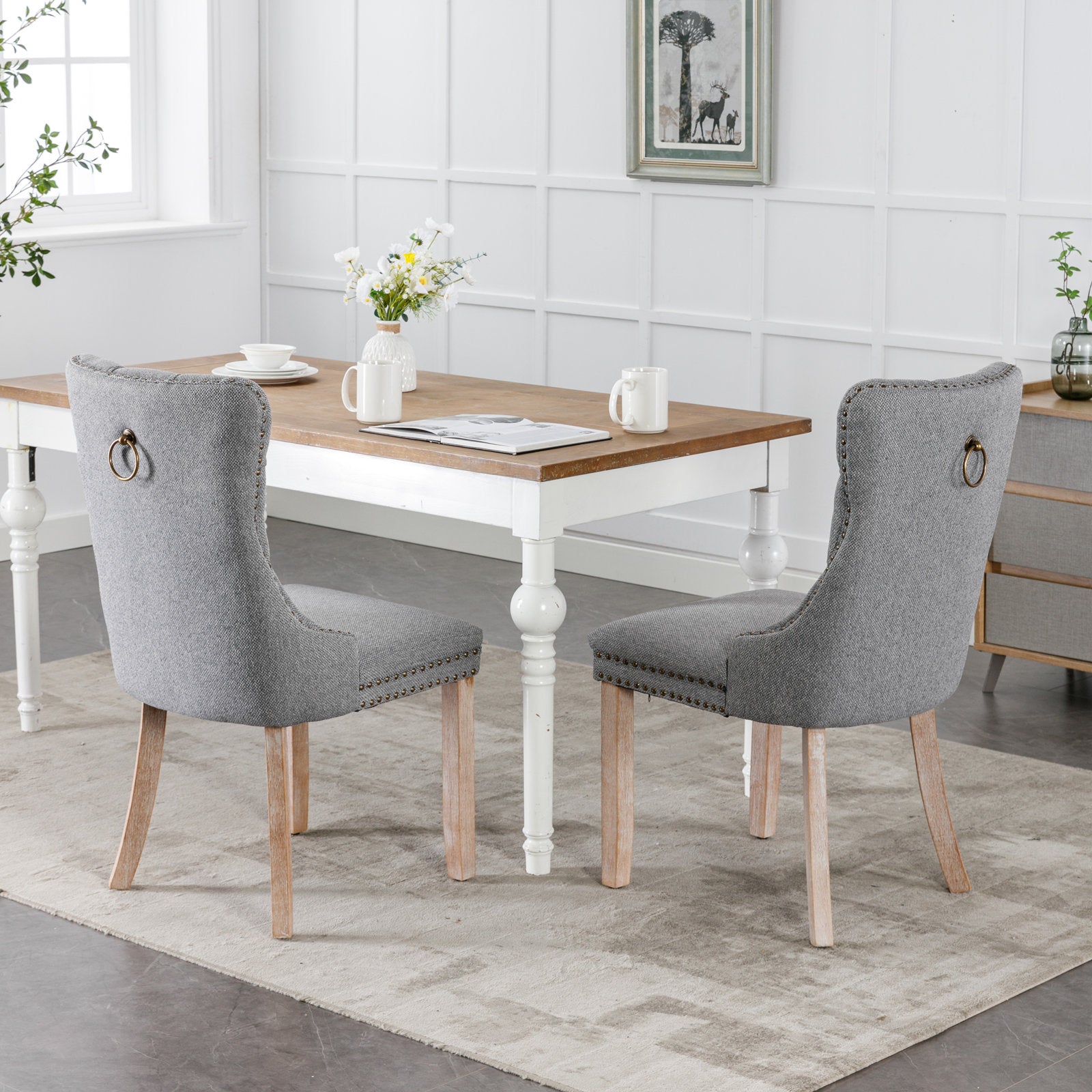 Rosewick Modern Tufted Linen Nailhead Trim Solid Wood Upholstered Dining Chair with Wood Legs, Set of 2