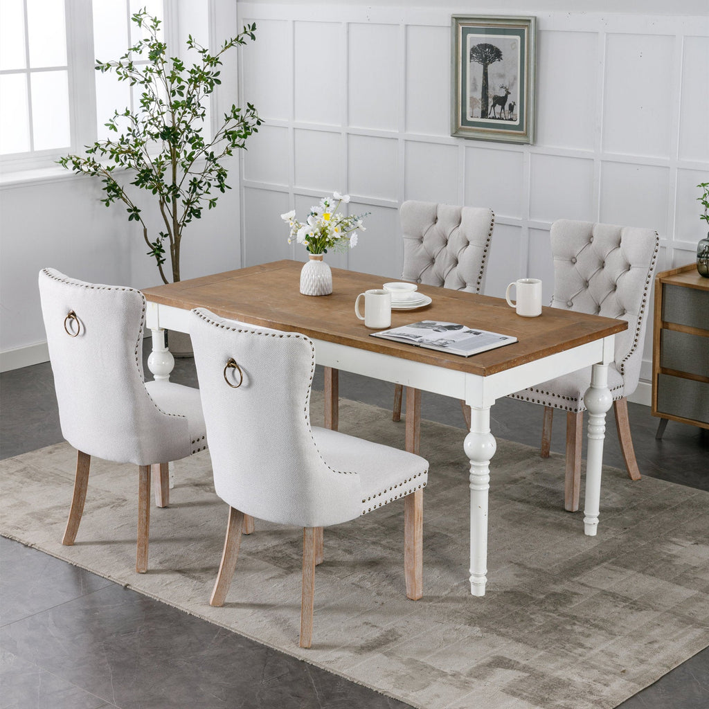 Rosewick Modern Tufted Linen Nailhead Trim Solid Wood Upholstered Dining Chair with Wood Legs, Set of 2