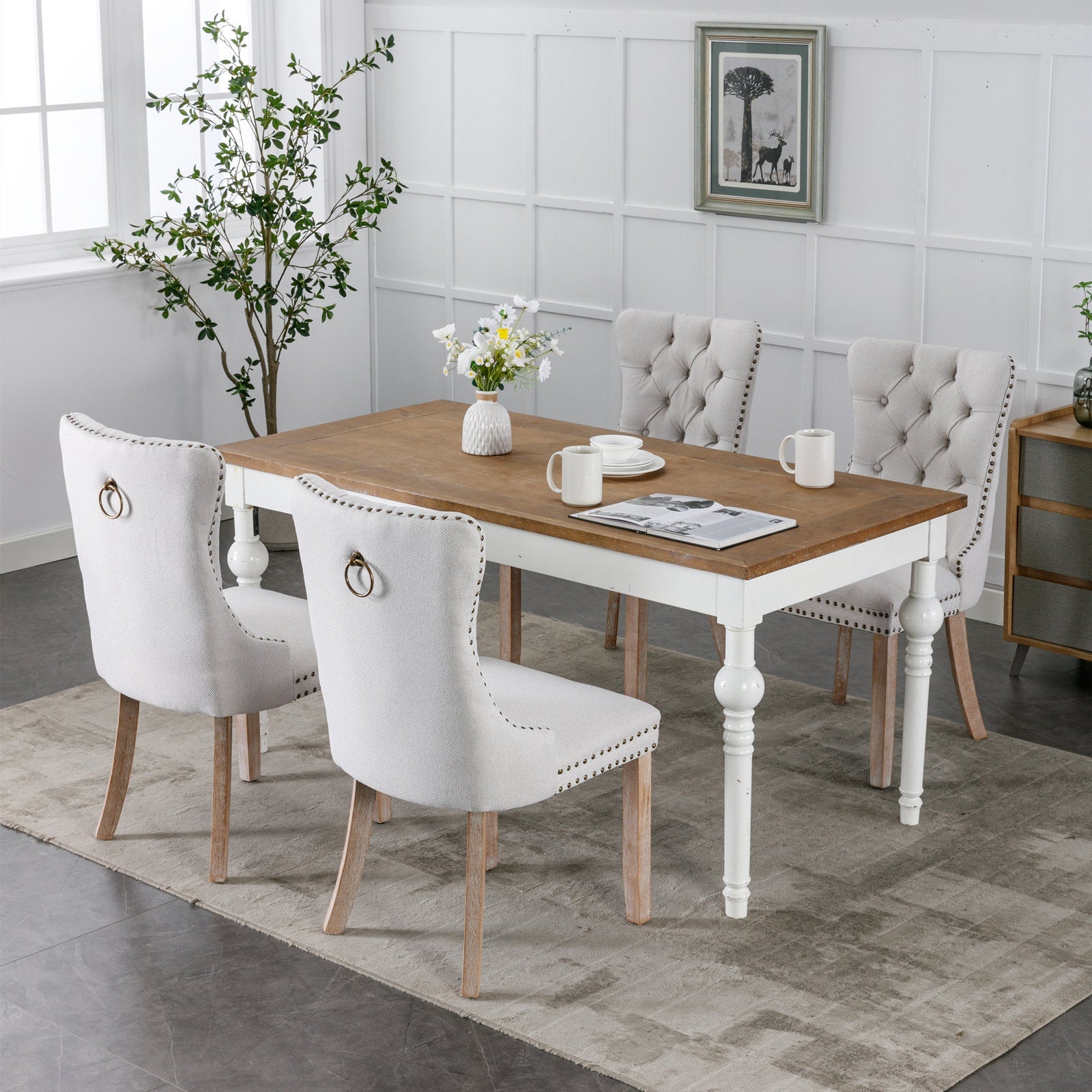 Rosewick Modern Tufted Linen Nailhead Trim Solid Wood Upholstered Dining Chair with Wood Legs, Set of 2