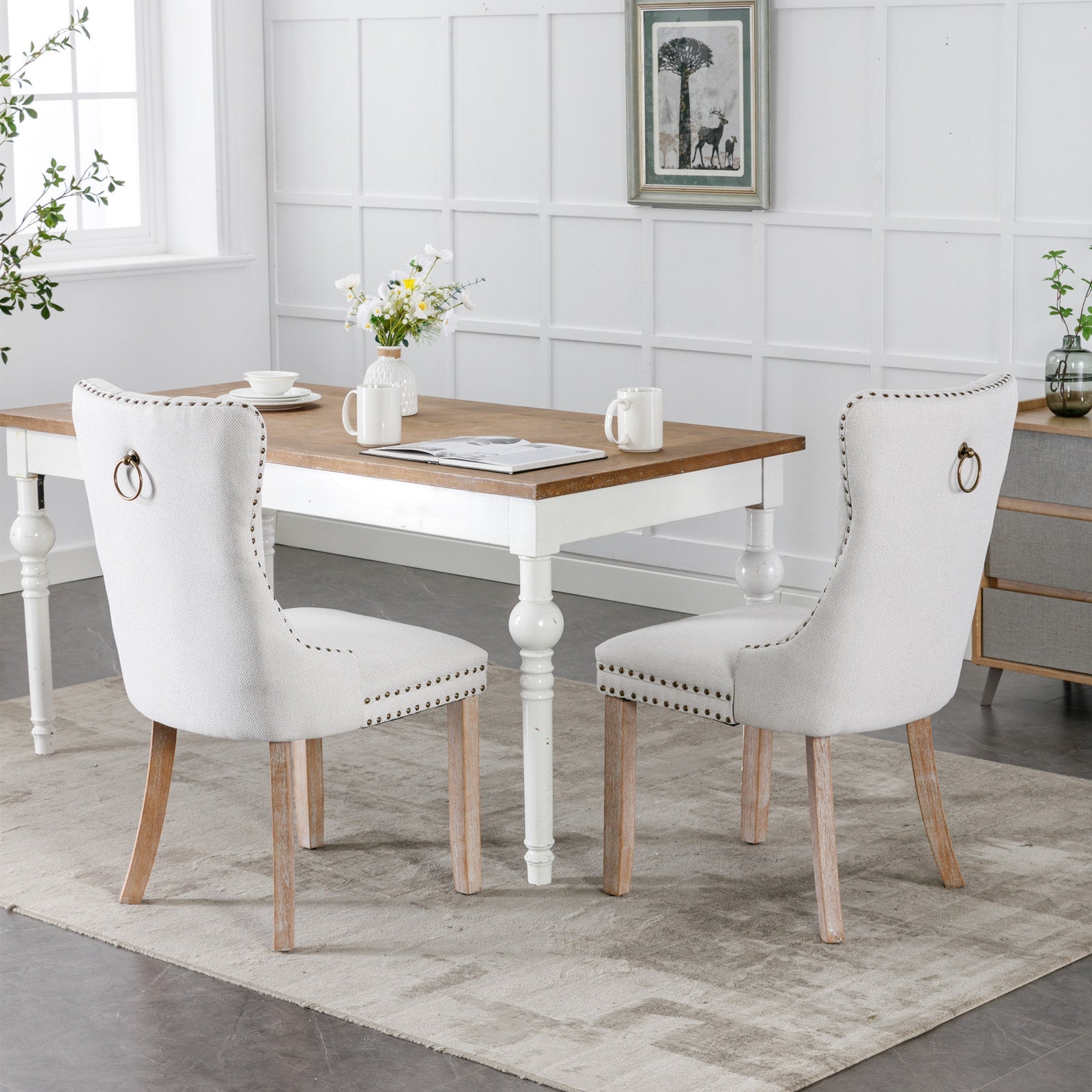 Rosewick Modern Tufted Linen Nailhead Trim Solid Wood Upholstered Dining Chair with Wood Legs, Set of 2