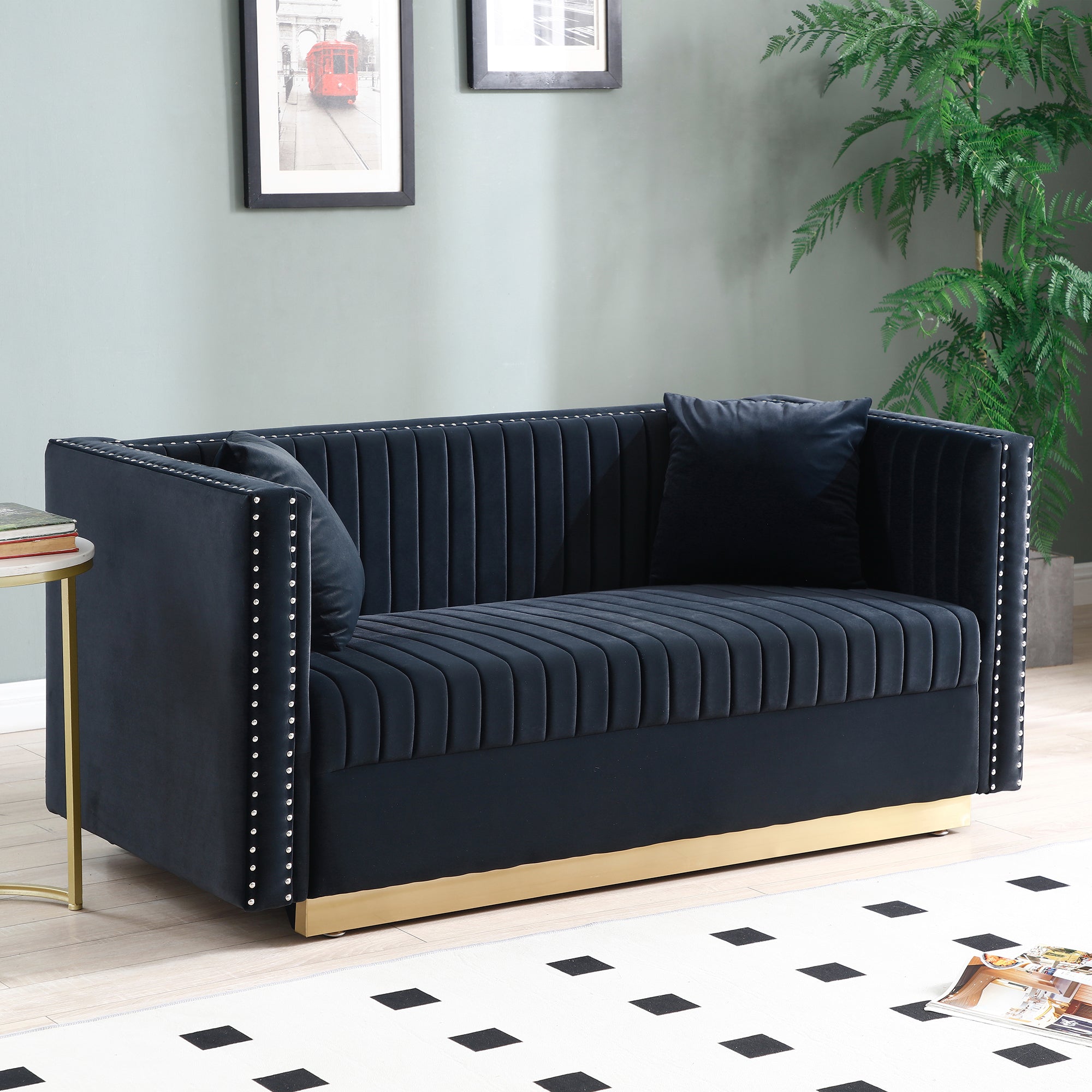 Contemporary Vertical Channel Tufted Velvet Loveseat Sofa