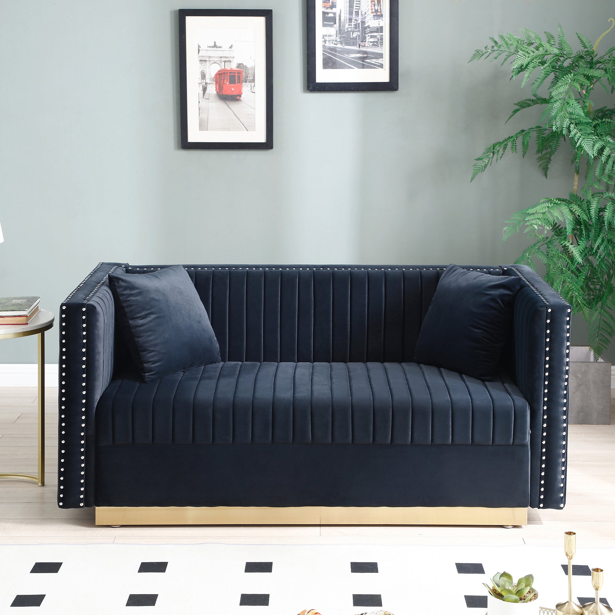Contemporary Vertical Channel Tufted Velvet Loveseat Sofa