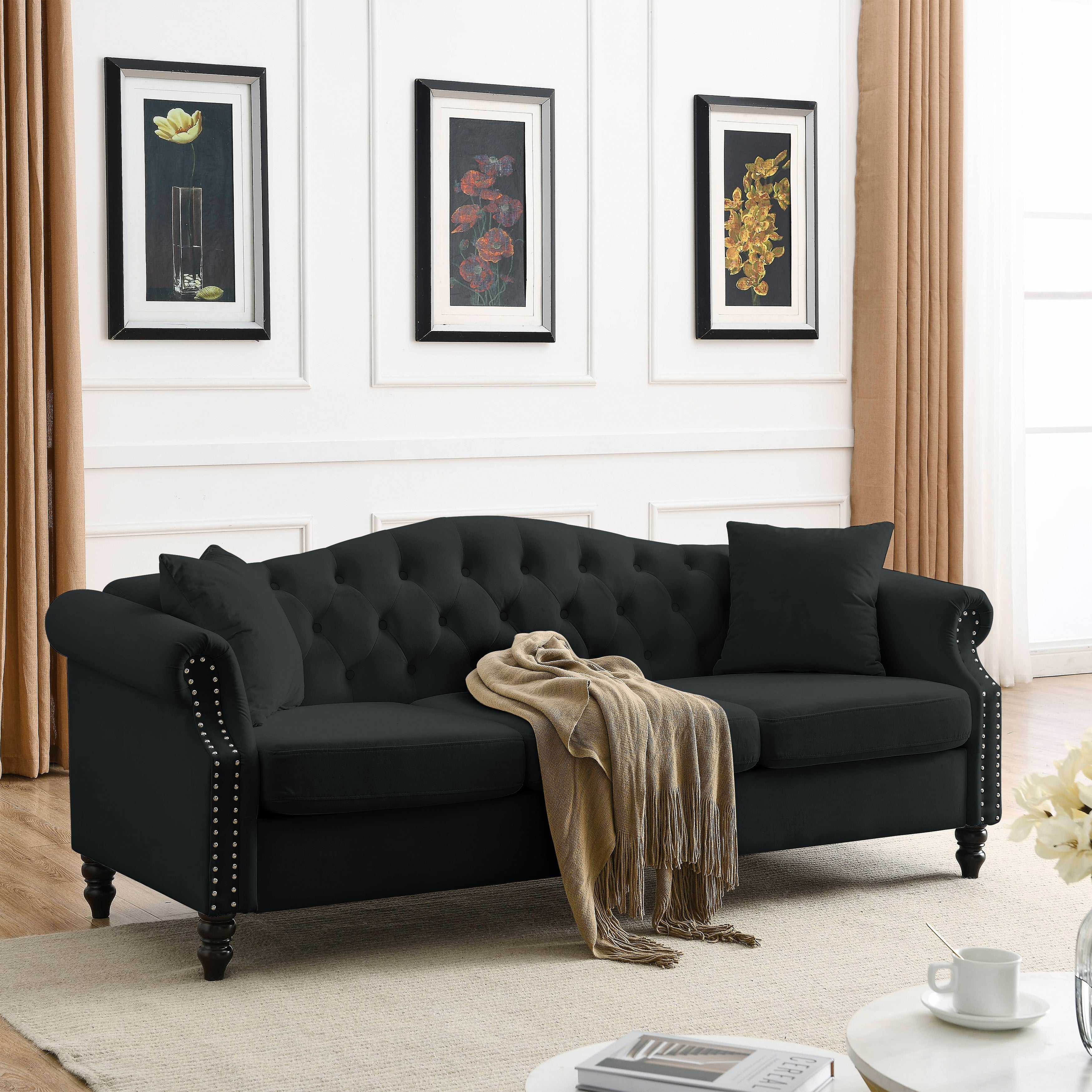Nailhead Velvet Pitched Back Chesterfield 3-Seater Sofa