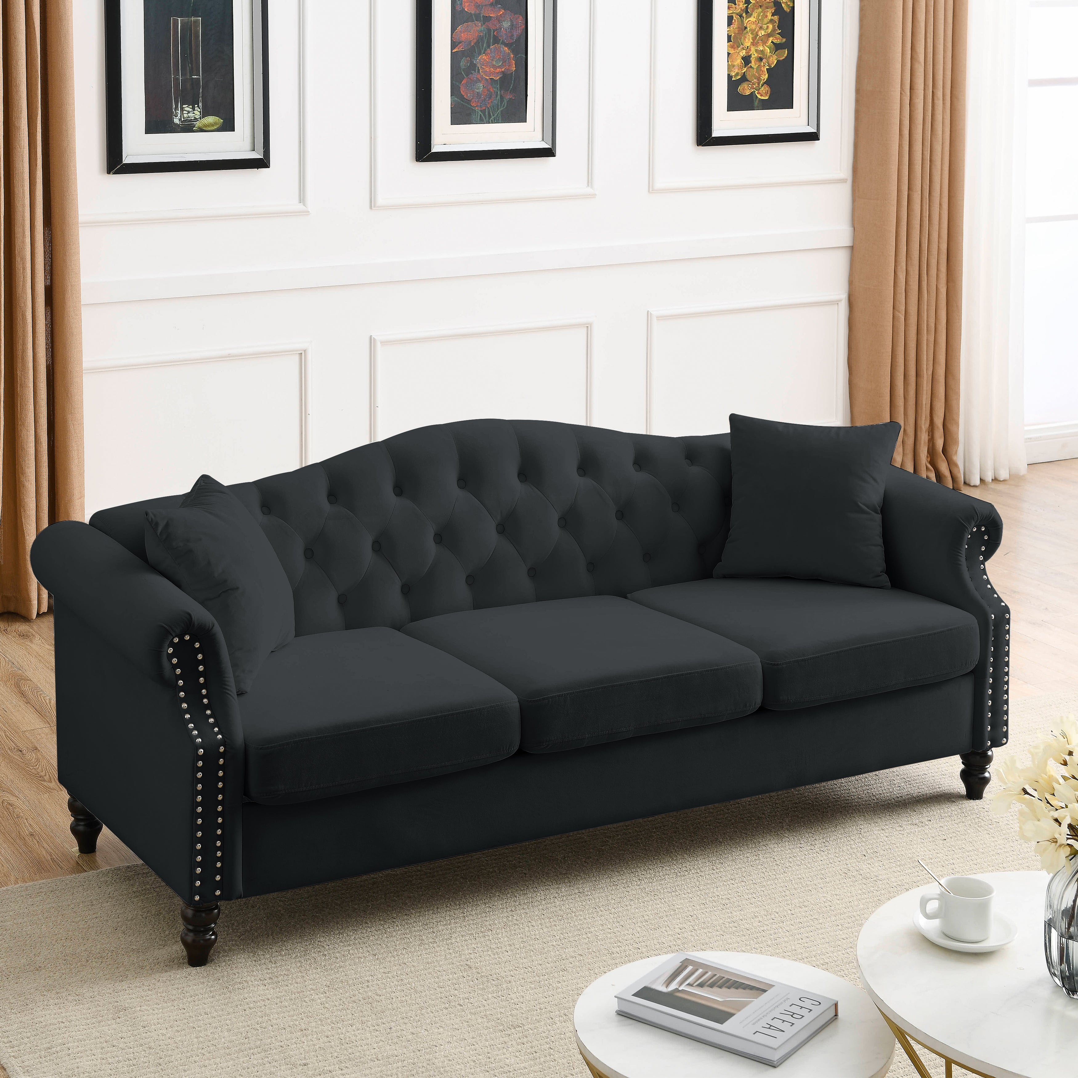 Nailhead Velvet Pitched Back Chesterfield 3-Seater Sofa