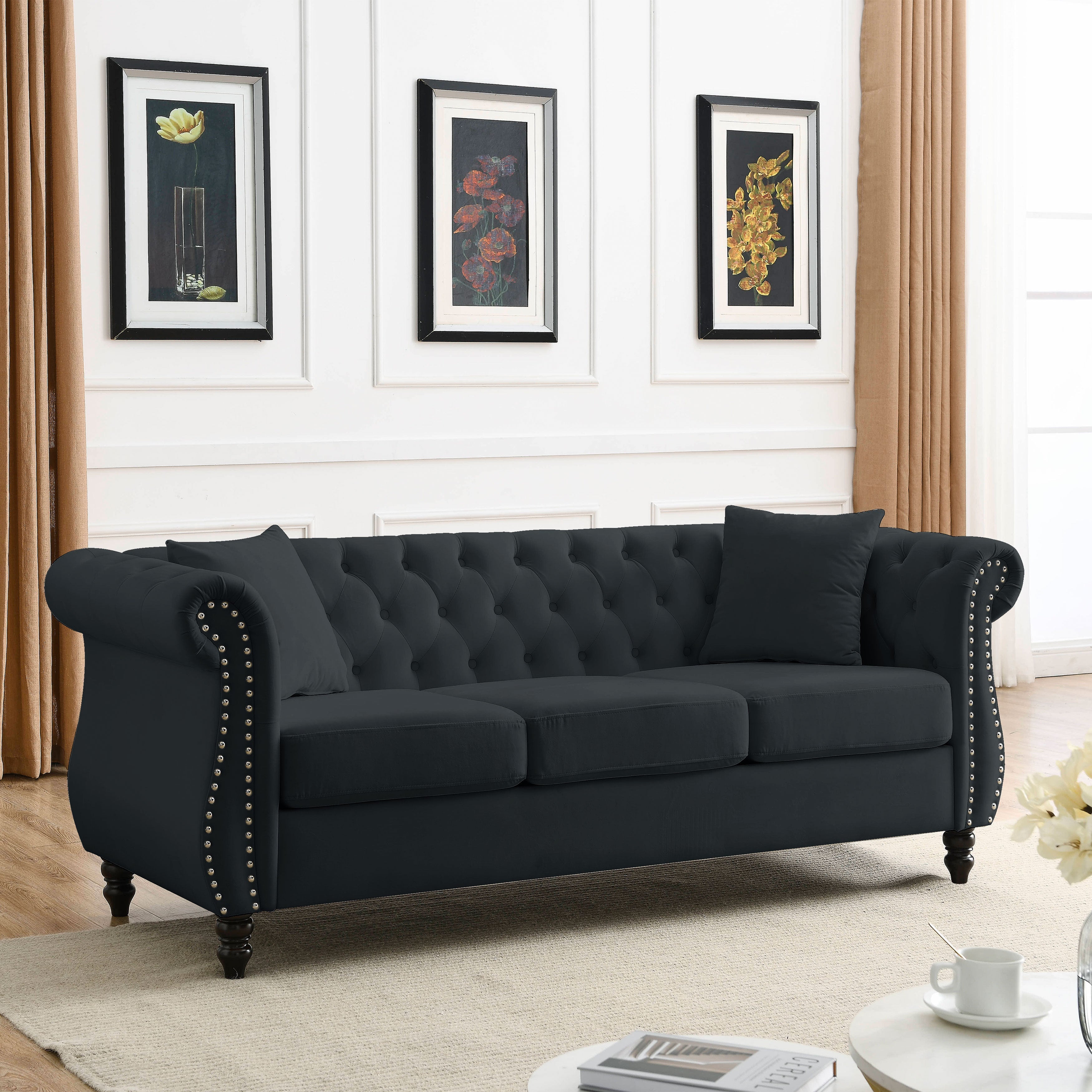 Nailhead Velvet Chesterfield 3-Seater Sofa