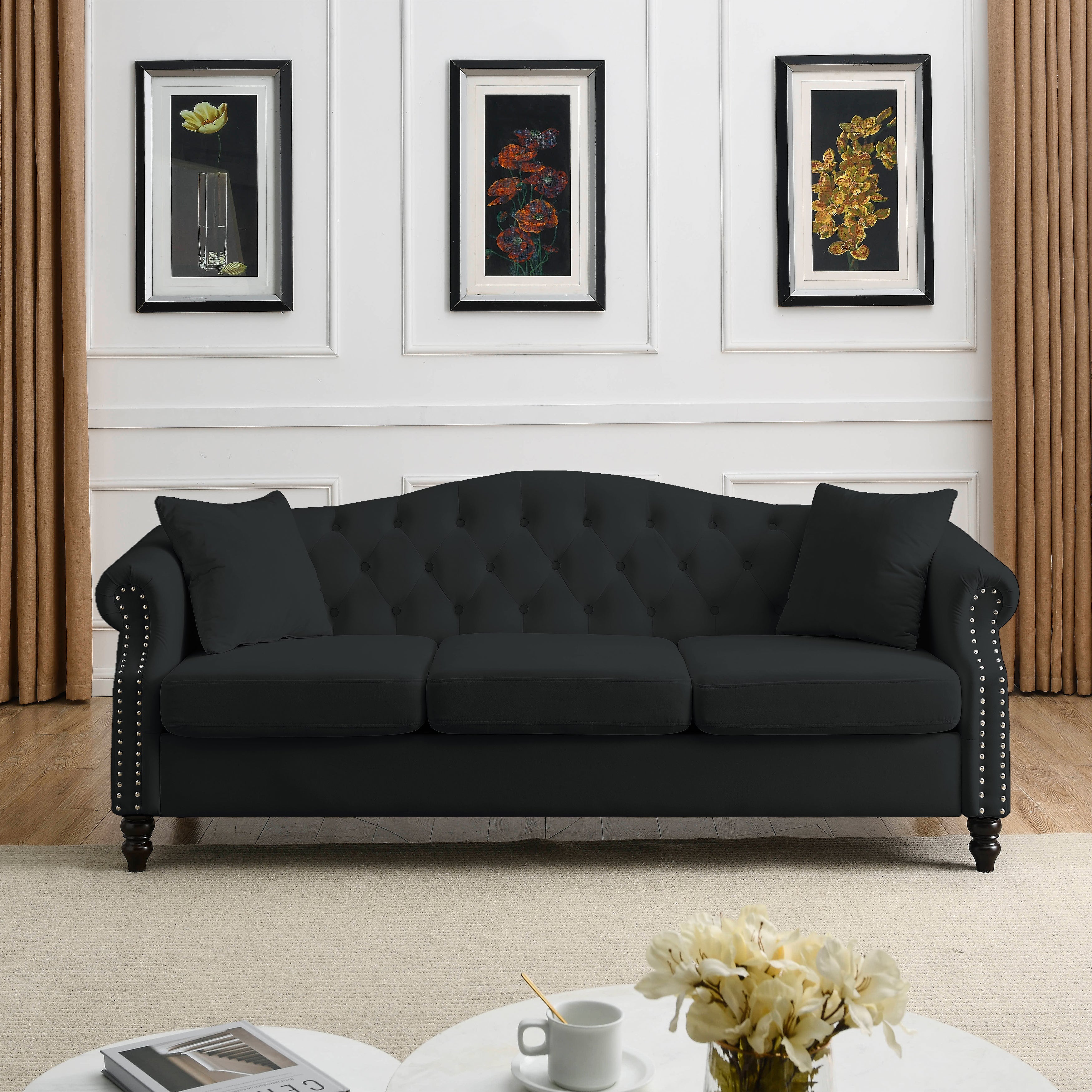 Nailhead Velvet Pitched Back Chesterfield 3-Seater Sofa