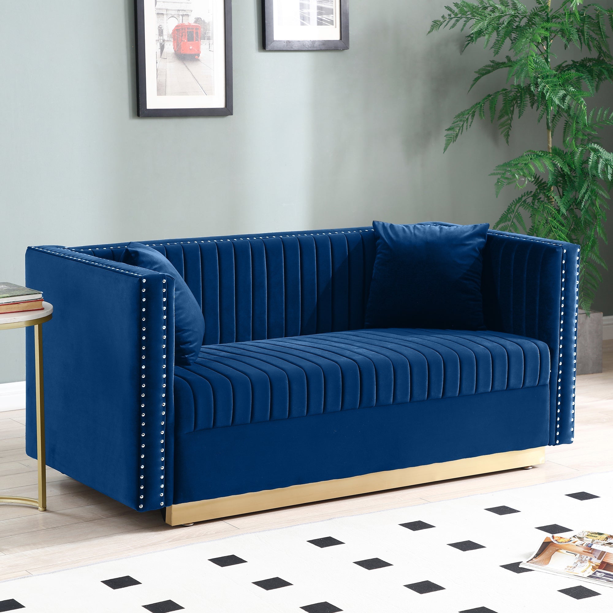 Contemporary Vertical Channel Tufted Velvet Loveseat Sofa