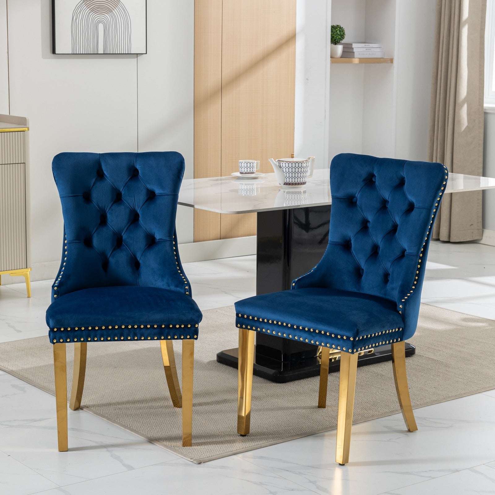 Rosewick Modern Tufted Velvet Solid Wood Upholstered Dining Chair with Gold Stainless Steel Plating Legs, Set of 2